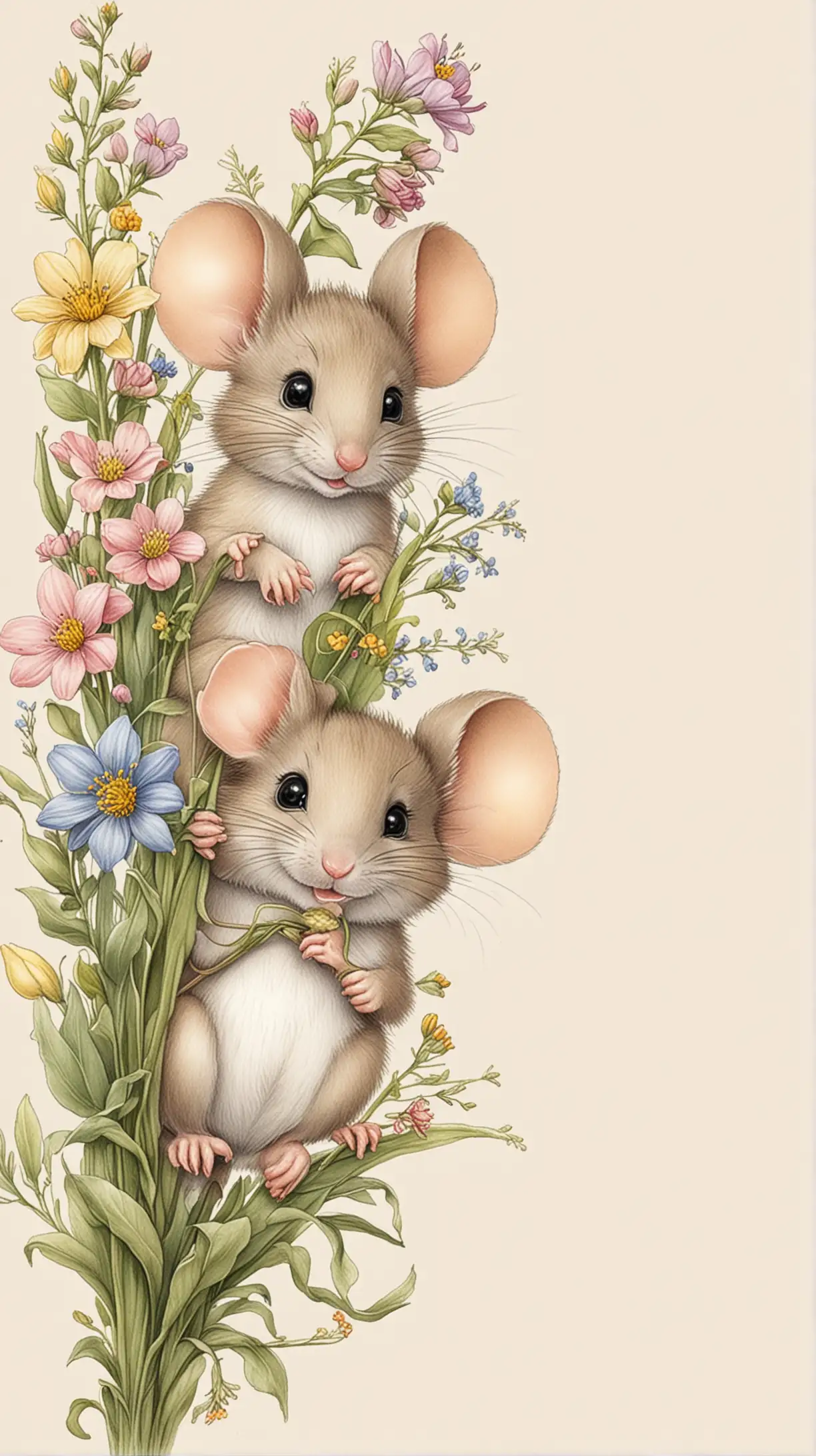 Cute pencil drawing of a page border with baby mouse holding spring flowers, neutral, isolated on a white background, suitable for clip art