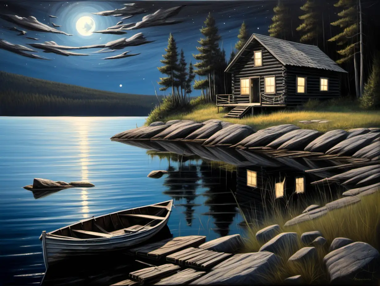  oil painting, old cabin,  black bear, moonlight, Clear sky, no clouds,  rock shoreline,   old pier and attached old boat, weeds in lake ,  