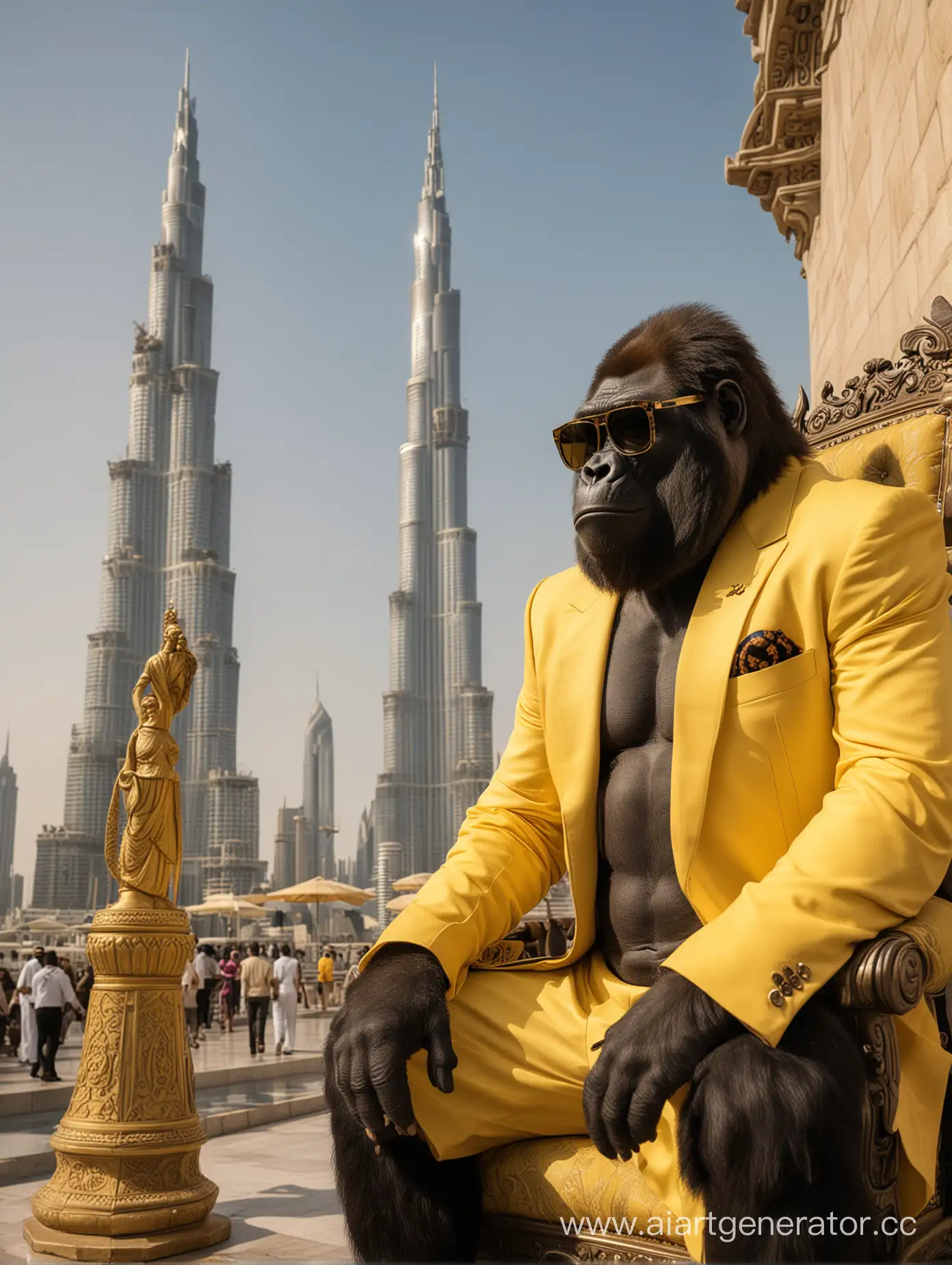 Большая черная горилла в солнцезащитных очках и желтом классическом костюме сидит на троне как шейх, неподалеку стоит ламба желтого цвета, а в далеке виднеется бурдж-халифа