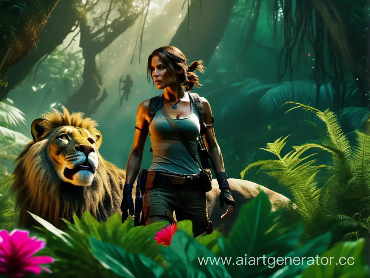 UHD,  8K,  ultra-detailed,  cinematic photograph of Lara Croft riding a lion in the thickets of a beautiful forest with exotic flowers and plants,  an abandoned fantastic spaceship in the thickets of the jungle,  excellent lighting,  magnificent composition,  blurred background