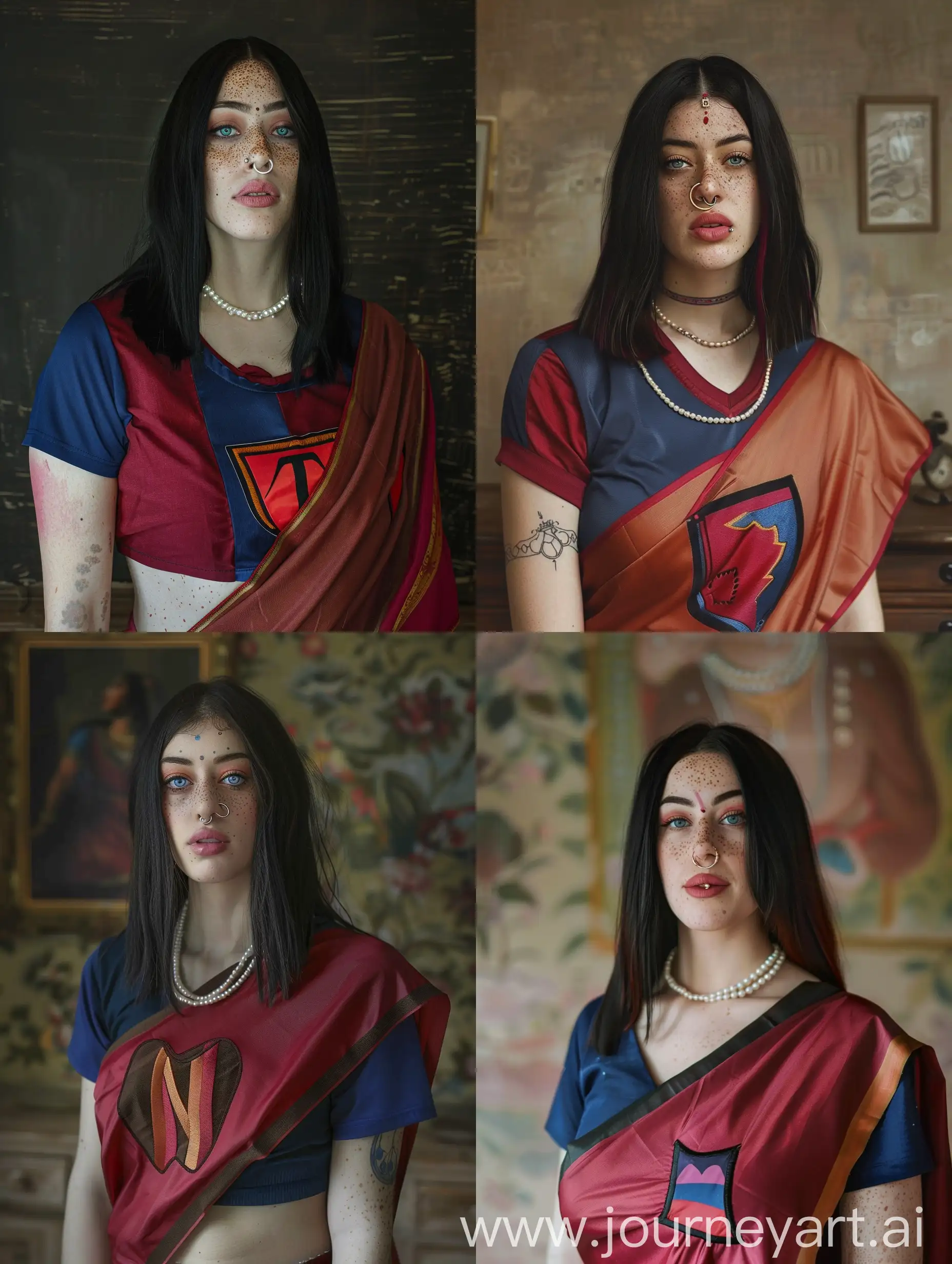 The young woman has shoulder-length auburn hair, she wearing attractive Indian sari, blue eyes, and freckles on her face. She is wearing a pearl necklace. She has a hoop nose ring in her left nostril --cref https://cdn.discordapp.com/attachments/1188690307110404187/1220909361484795994/47b271d19565e11df21bcd4731d2953a.jpg?ex=6610a773&is=65fe3273&hm=86197cf1dc586819e81c6bfa217f58c69dc435a695583f4a76d5b3234821fc16 --cw 100 --v 6