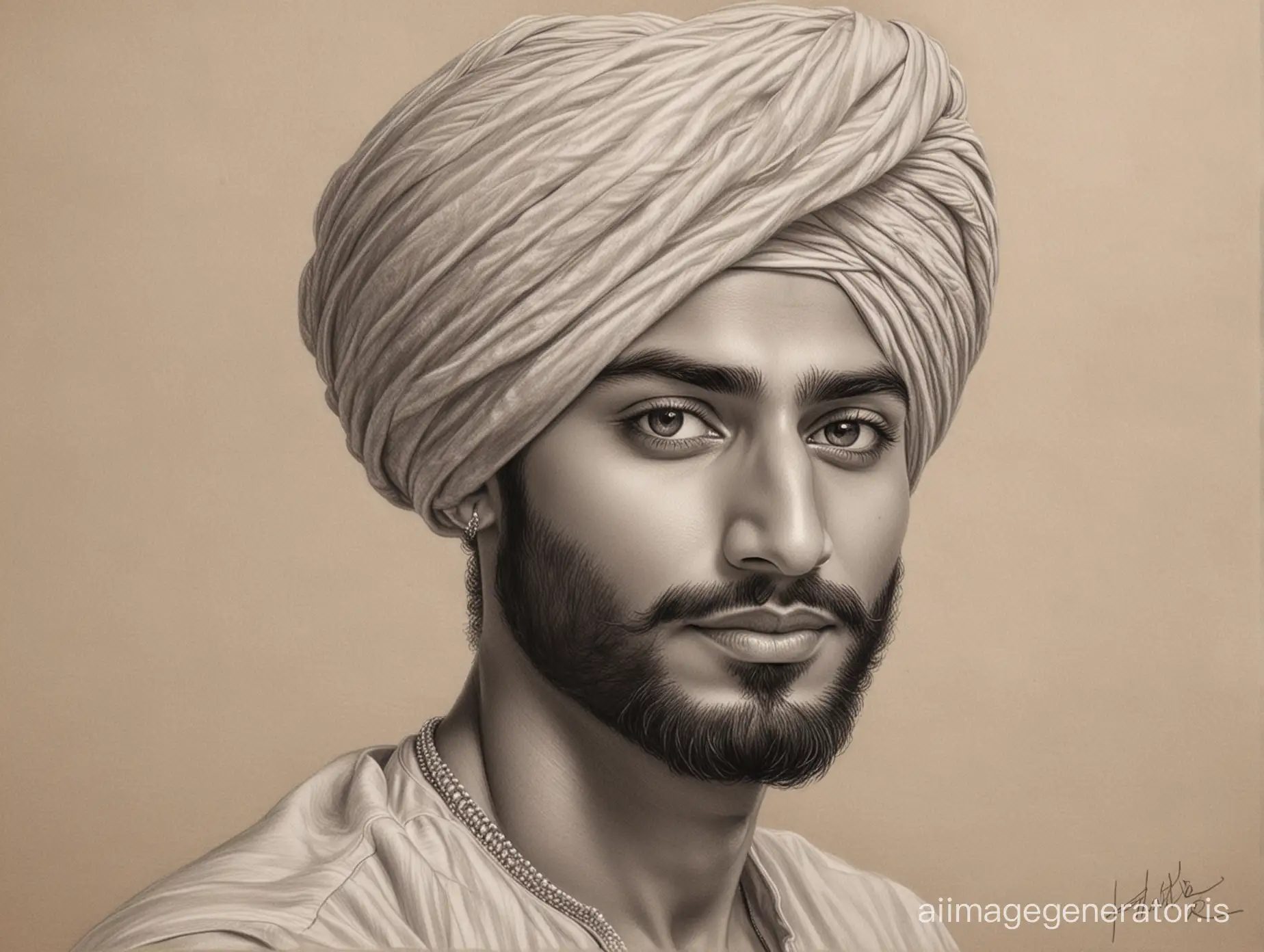 Create a pencil sketch of a young Modern Punjabi man, highlight every detailing of the turban, different shades, portrait, Realistic.
