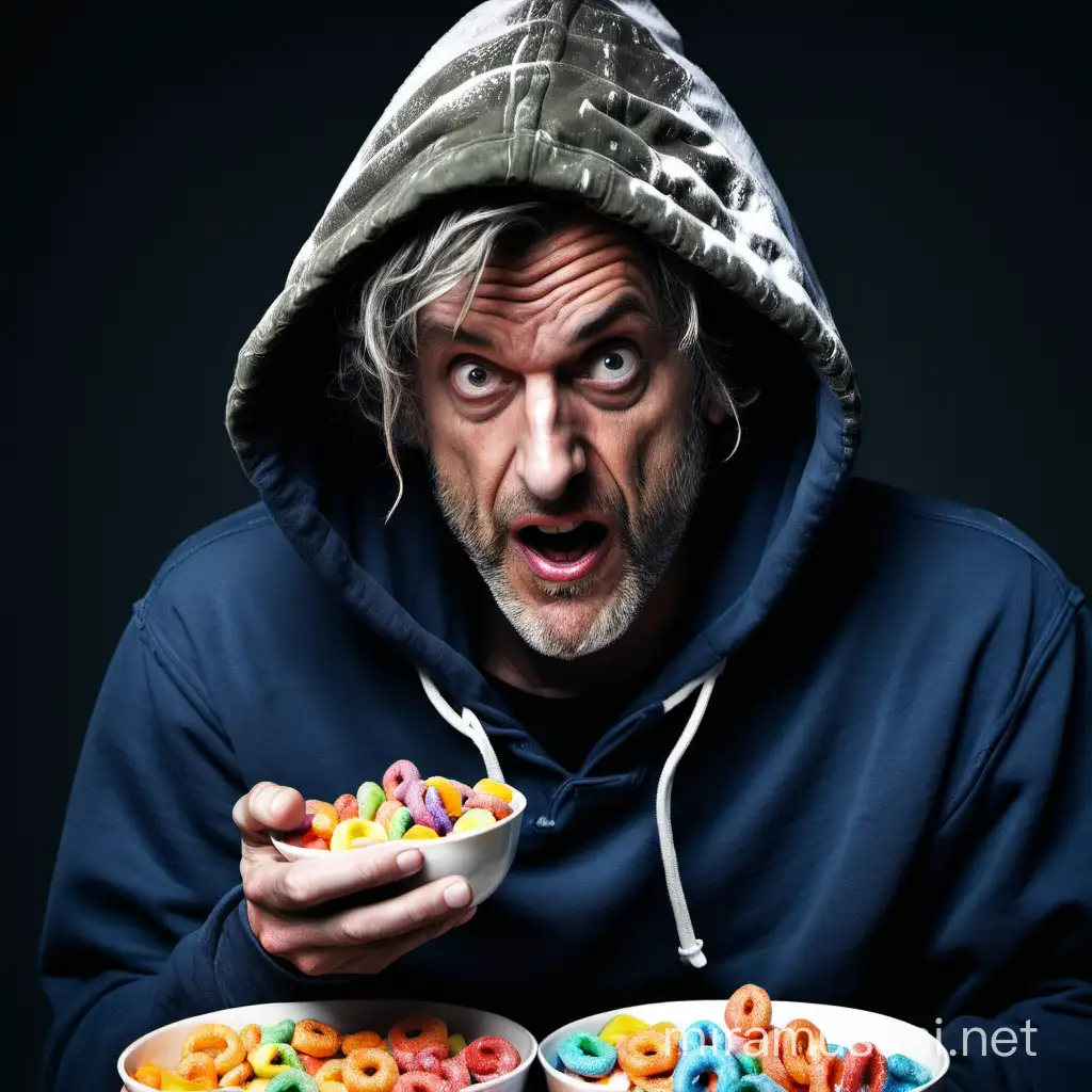 A haggard, disheveled man in a hoodie eating multiple bowls of Froot Loops