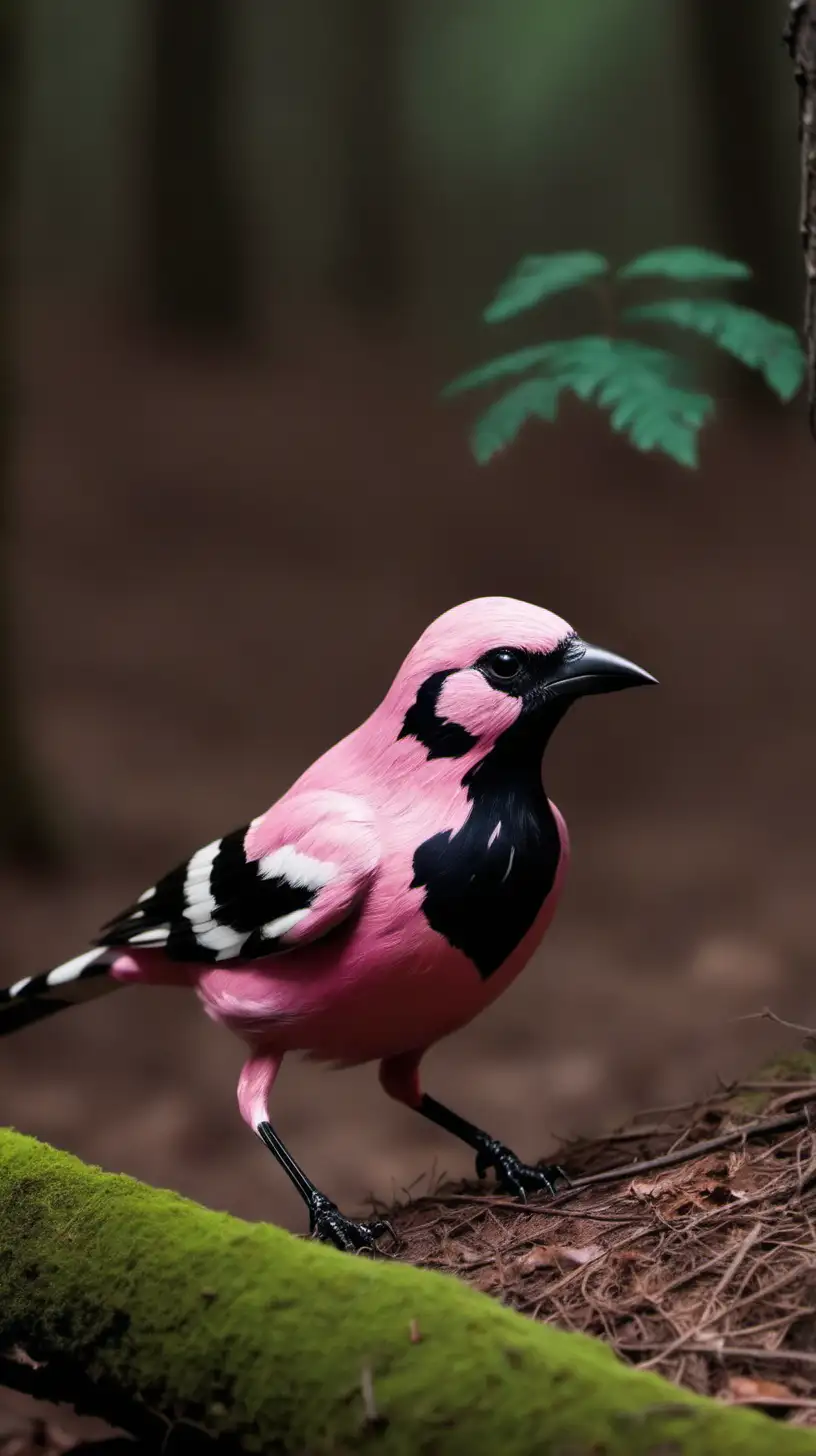 The bird is pink with black markings. walking in the forest