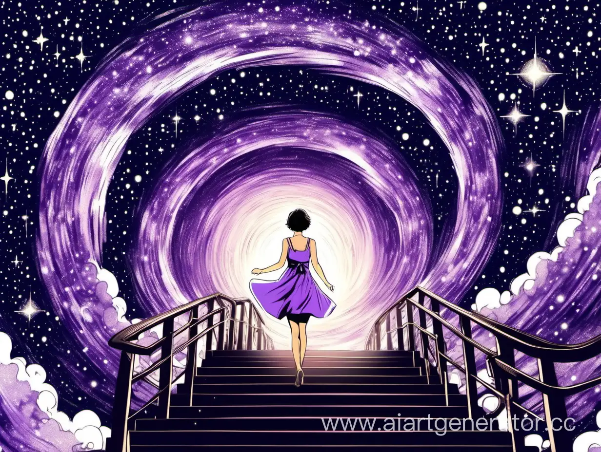 девушка с короткими волосами в фиолетовом коротком платье идёт по лестнице в водоворот звёздного неба