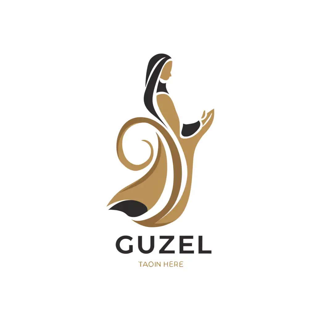 a logo design,with the text "Guzel", main symbol:Arab women's abaya without facial details with the letter 'J' written in the Arabic way.,Moderate,clear background