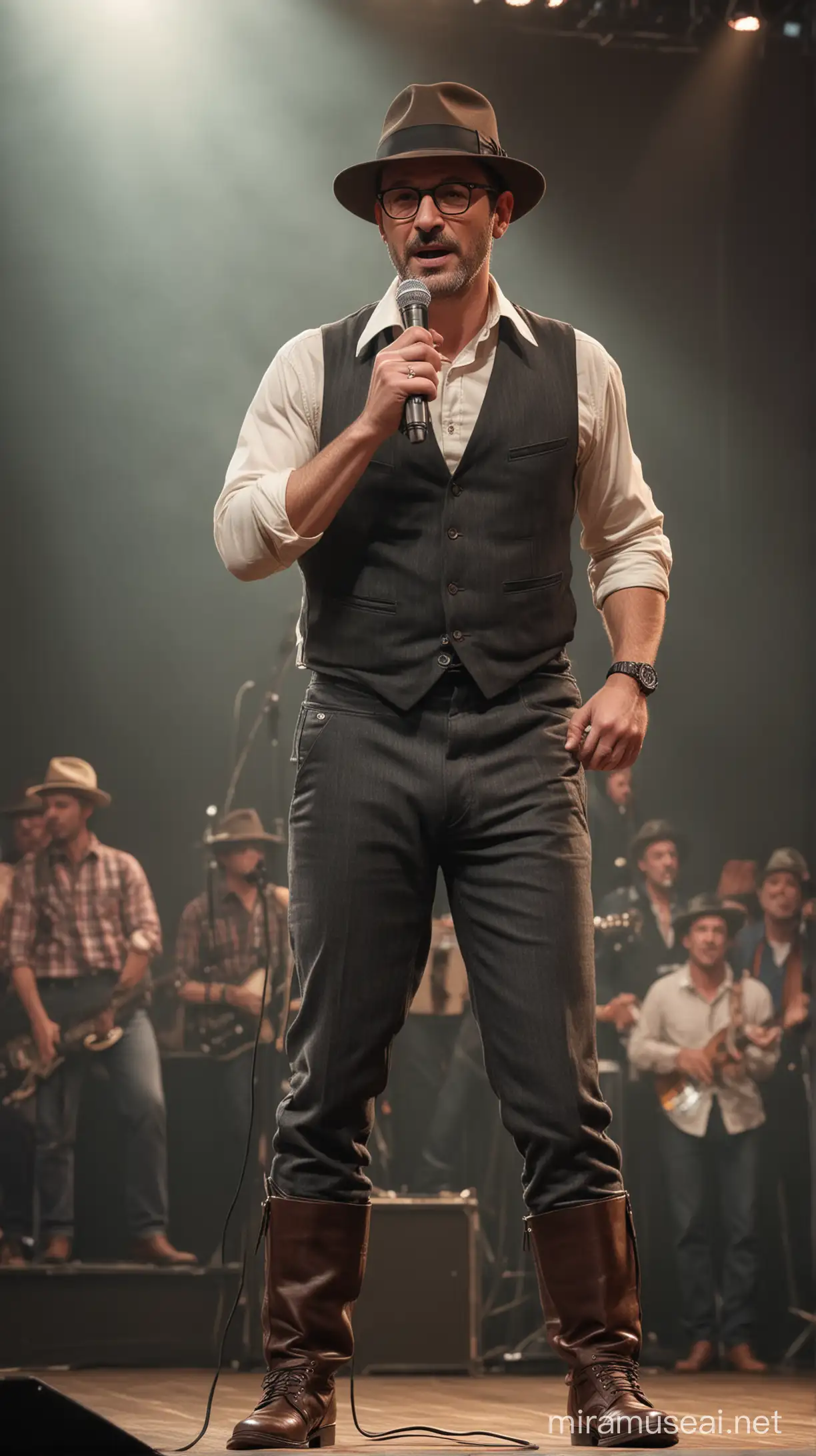 Close up 46 years old man, handsome, glasses, shortpants, leather boots, fedora hat, old school microphone, singing on stage, full body, realistic, detiles, the audience surrounds the stage.