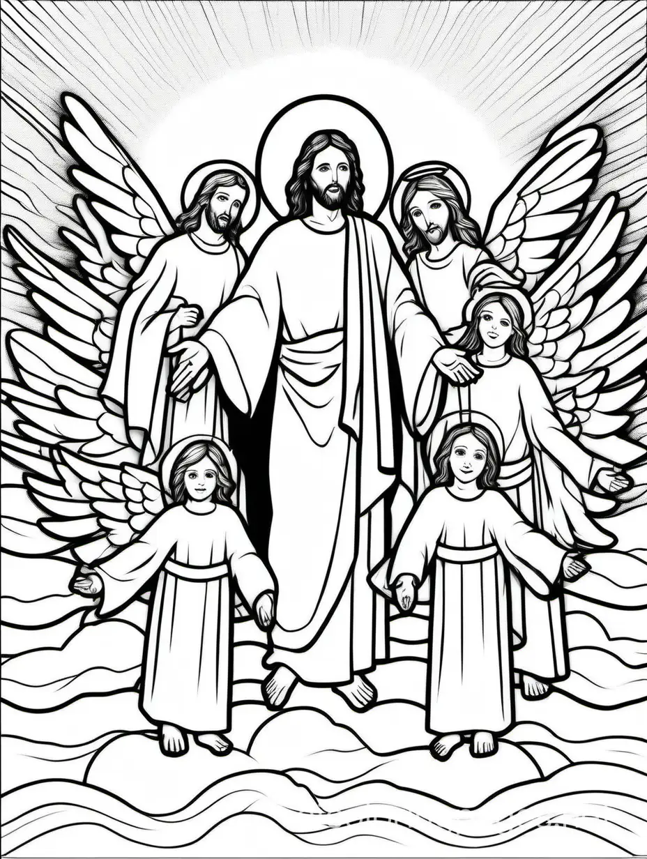 Jesus and Angels, Coloring Page, black and white, line art, white background, Simplicity, Ample White Space. The background of the coloring page is plain white to make it easy for young children to color within the lines. The outlines of all the subjects are easy to distinguish, making it simple for kids to color without too much difficulty