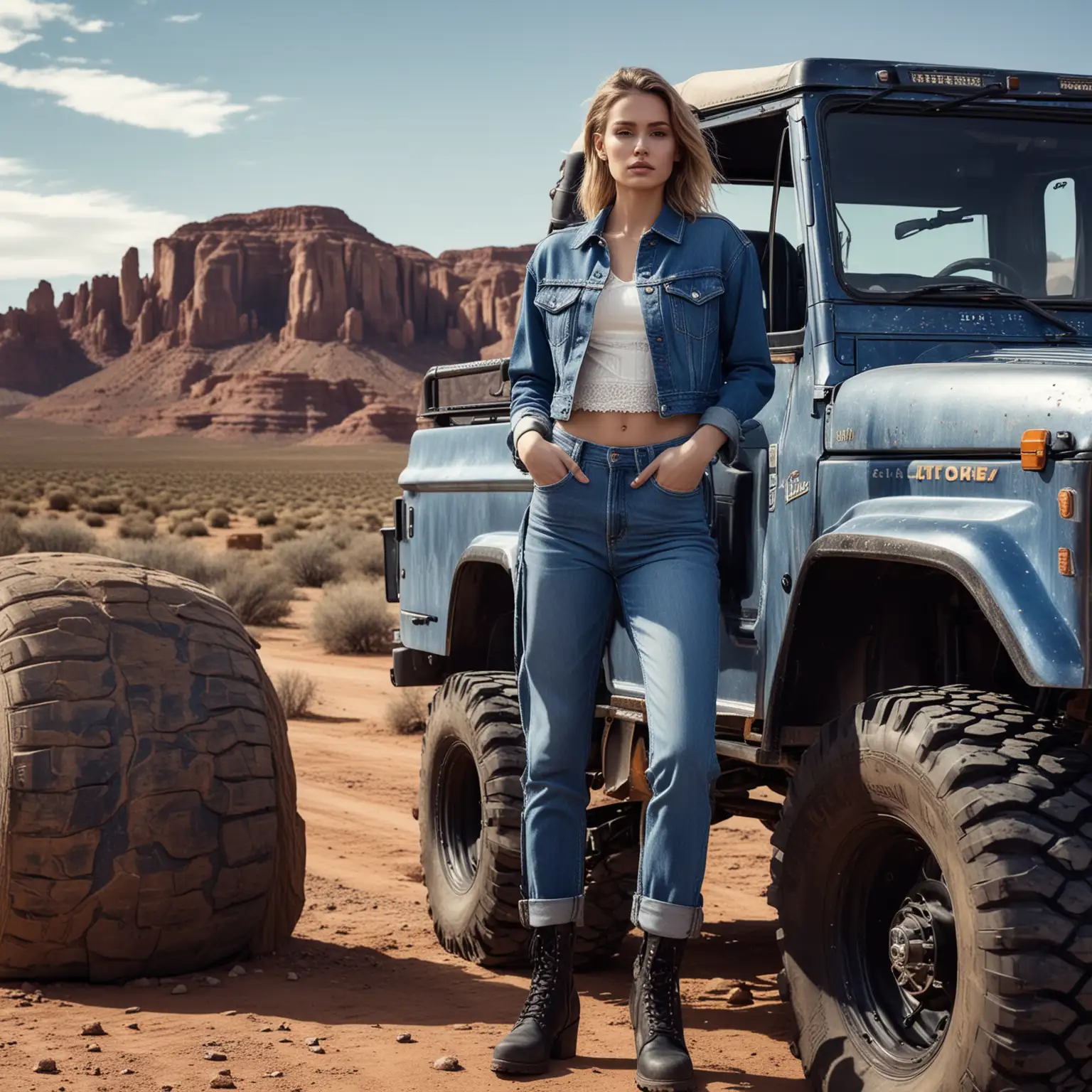 Rugged Western Chic Woman in Denim with OffRoad Vehicle