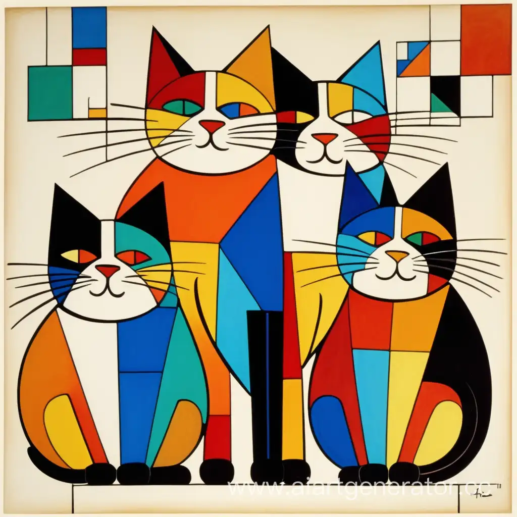 Три толстых веселых кота играющих разноцветных кота растровый рисунок абстрактно упрощённо конструктивизм лучизм супрематизм