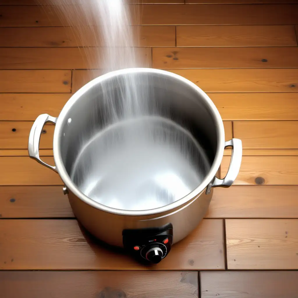Boiling water on pot on wood floor. Make the image lighter