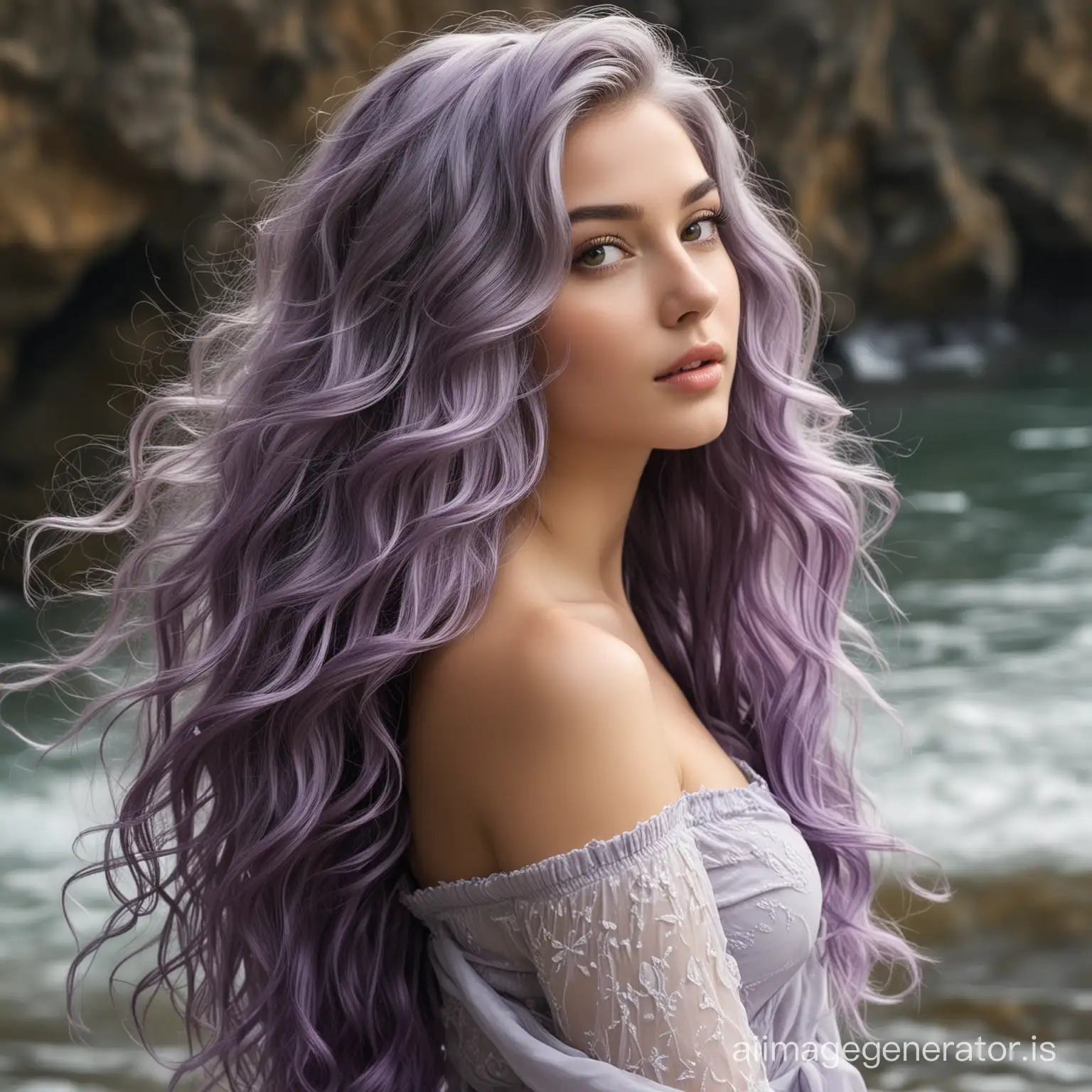 The stunning woman with long, wavy purple-grey hair possesses an enchanting beauty that captivates all who behold her. Her locks cascade like a cascading waterfall down her back, each strand a mesmerizing blend of ethereal purple and subtle grey tones, creating a spellbinding tapestry of color.

The length and texture of her hair add to her allure, flowing in graceful waves that seem to dance with every movement. The waves undulate with a natural elegance, framing her delicate features with a softness that enhances her ethereal appearance.

Her facial features are exquisitely sculpted, with high cheekbones and a slender nose that add to her overall charm. Almond-shaped eyes, radiant and expressive, sparkle with a captivating intensity, reflecting the depth of her inner spirit and wisdom.

Drifting gracefully in flowing dresses or sleek ensembles, she exudes an effortless elegance that commands attention. Each garment drapes her slender frame with exquisite grace, accentuating the enchanting allure of her long, wavy hair and enhancing her natural beauty.

In essence, the beautiful woman with long, wavy purple-grey hair is a vision of ethereal beauty and timeless grace. Her captivating presence and delicate charm leave an indelible impression on all who have the privilege of encountering her, embodying the essence of beauty and sophistication.