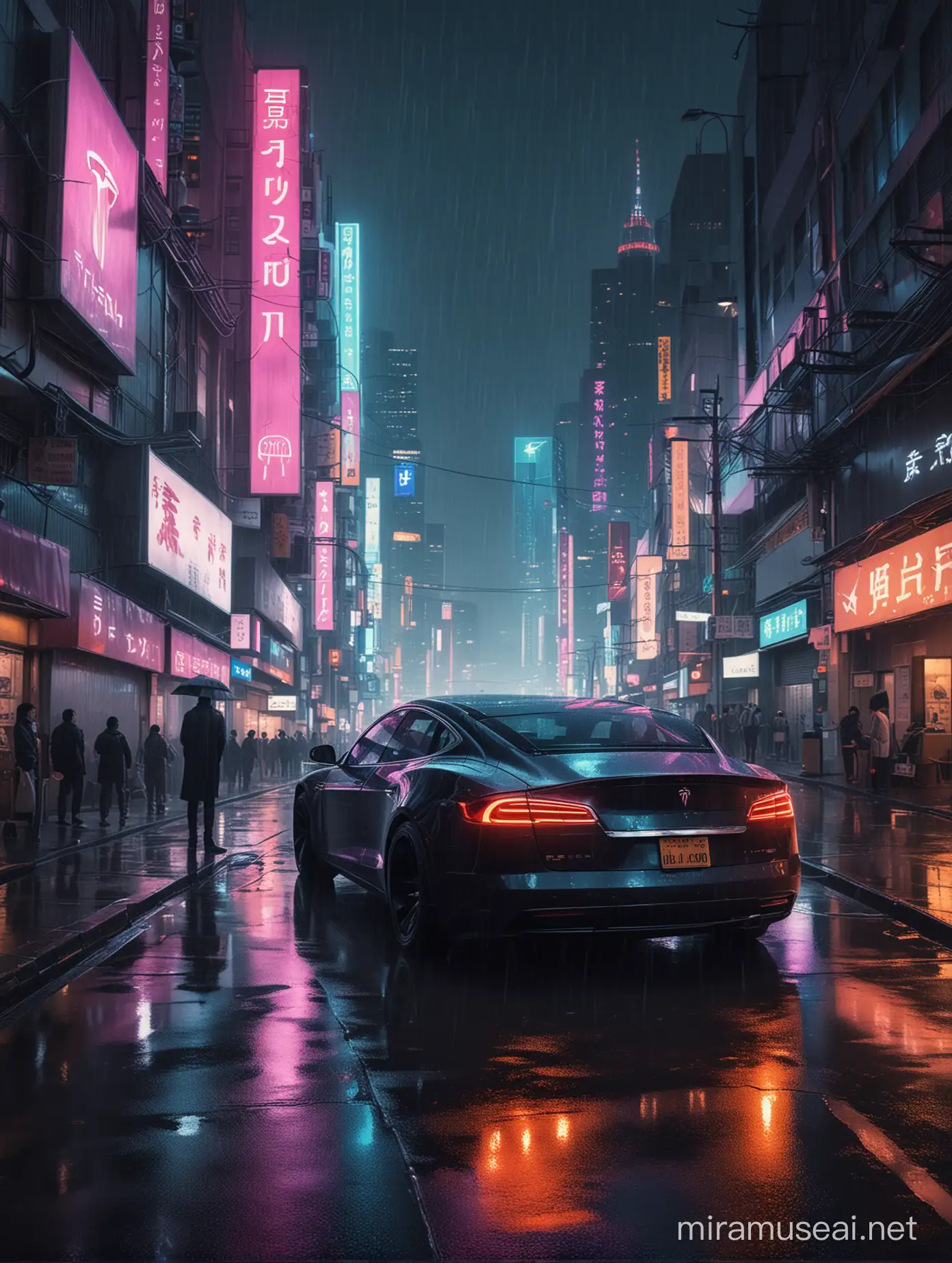 The poster features a hyper-realistic scene set in a futuristic Tokyo cityscape reminiscent of "Blade Runner."
Centered in the composition is a dystopian man sitting inside a sleek black Tesla vehicle parked on a rain-soaked street.
The man is depicted with a weary expression, wearing futuristic attire that blends cyberpunk elements with a noir aesthetic.
The Tesla's headlights pierce through the darkness, casting a subtle glow on the man's face and the surrounding environment.
Behind the Tesla, towering skyscrapers adorned with neon signs stretch into the night sky, creating a maze of urban sprawl.
The city streets are slick with rain, reflecting the vibrant neon lights and adding depth to the scene.
The overall color palette is dominated by deep blues, purples, and oranges, reminiscent of the neon-lit streets of Tokyo at night.