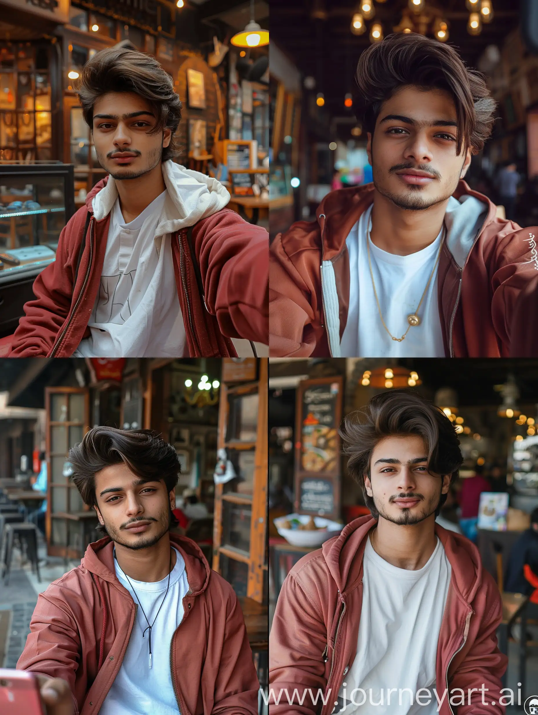 He is taking selfie in cafe , Lahore, wearing red casual outfit --cref https://cdn.discordapp.com/attachments/1200713789763485788/1220064193034846218/IMG-20240120-223726-998.jpg?ex=660d9453&is=65fb1f53&hm=a22b4d58e18b39111f3dd8ae1f49f7b5fbd1b9b5dc84d41694ddd74a73df2397& --cw 100 --ar 3:4 --s 650 --v 6