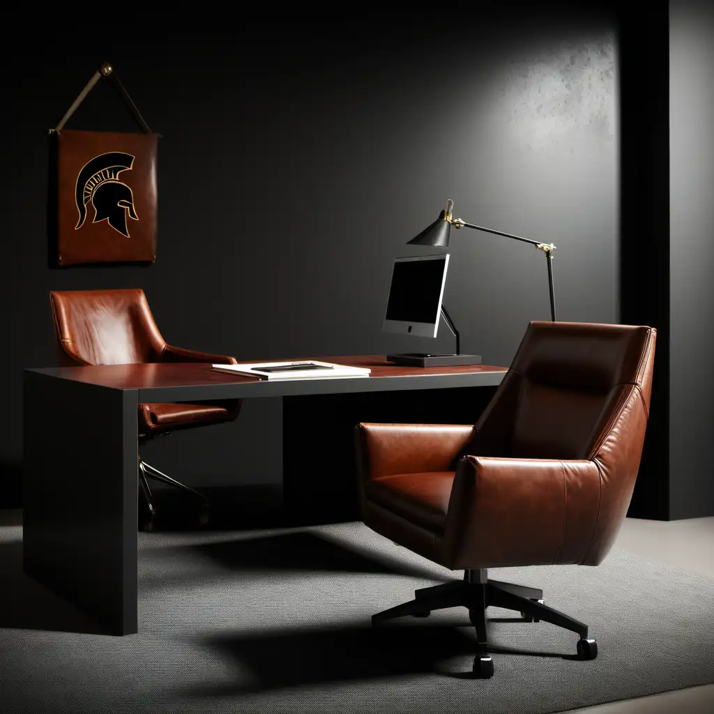 Spartan office with a desk in front of a leather chair
