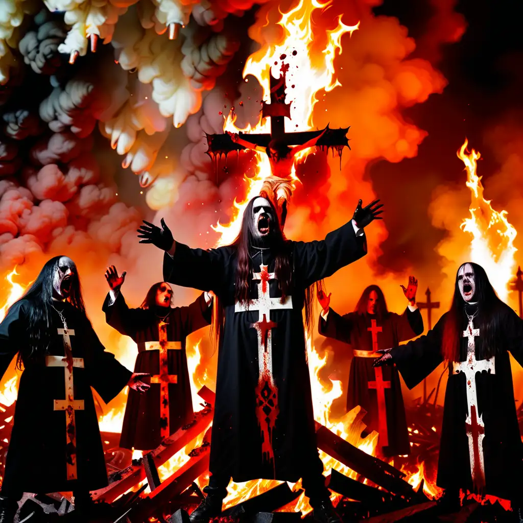 a demonic black metal band throwing bloody, battered and bruised Catholic priests into a large dark red fire