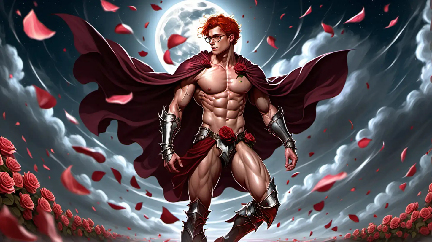 Muscular Redhead Knight with Glasses and Flying Rose Petals