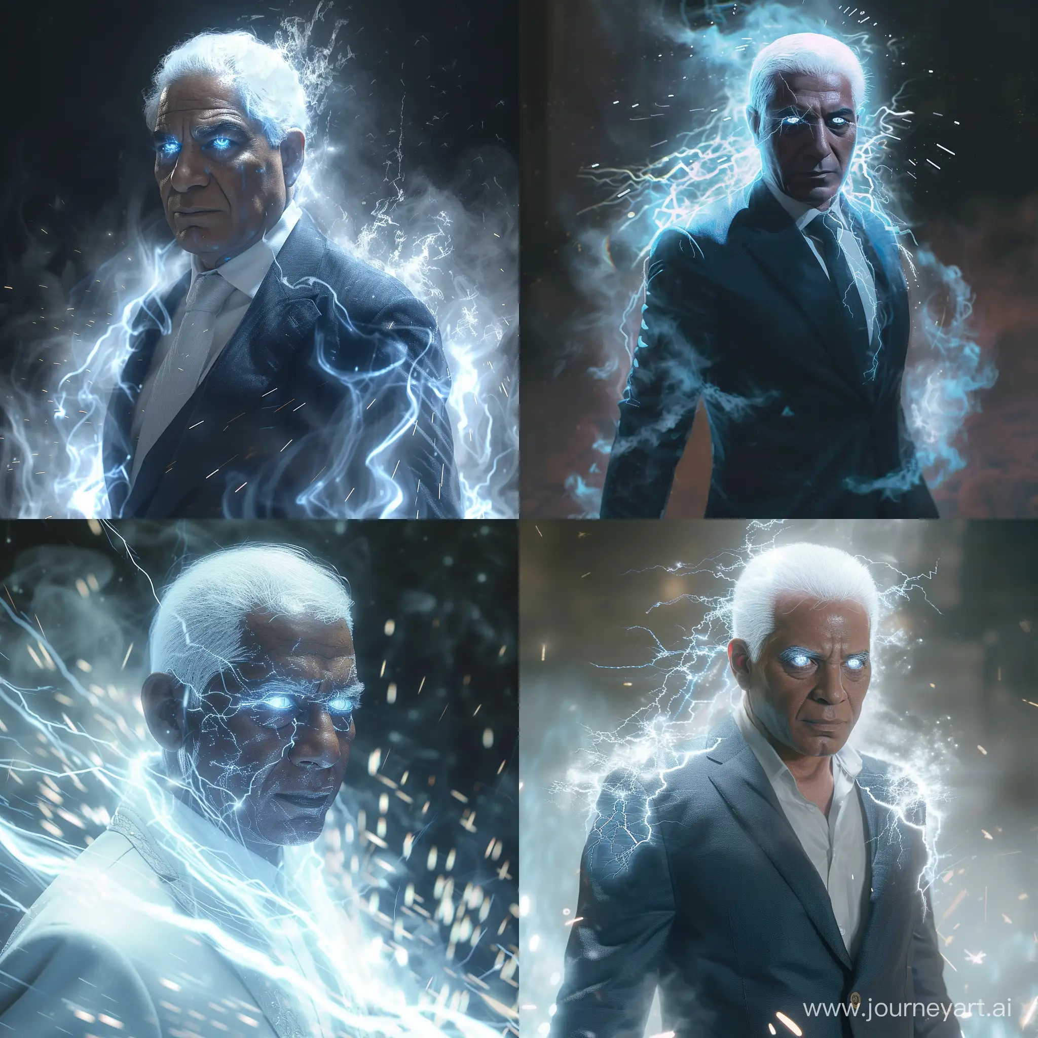 Abdel Fattah el-Sisi, embodying Ultra Instinct transformation: white hair, eyes glowing silver, aura of translucent blue with white sparks surrounding him. Stance relaxed yet ready, embodying calm mastery and power. Dressed in his signature