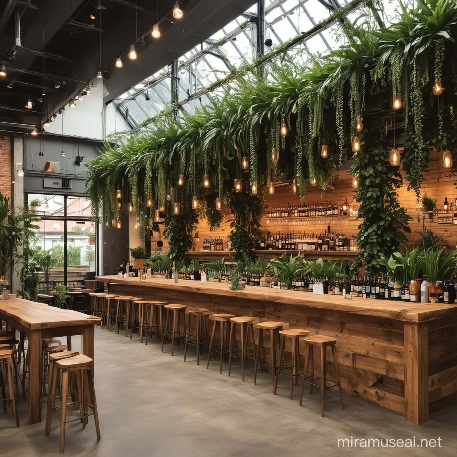 Show me a modern beer hall with live plants and Czech and Norwegian design influences. Maybe with some treehouse accents. 
