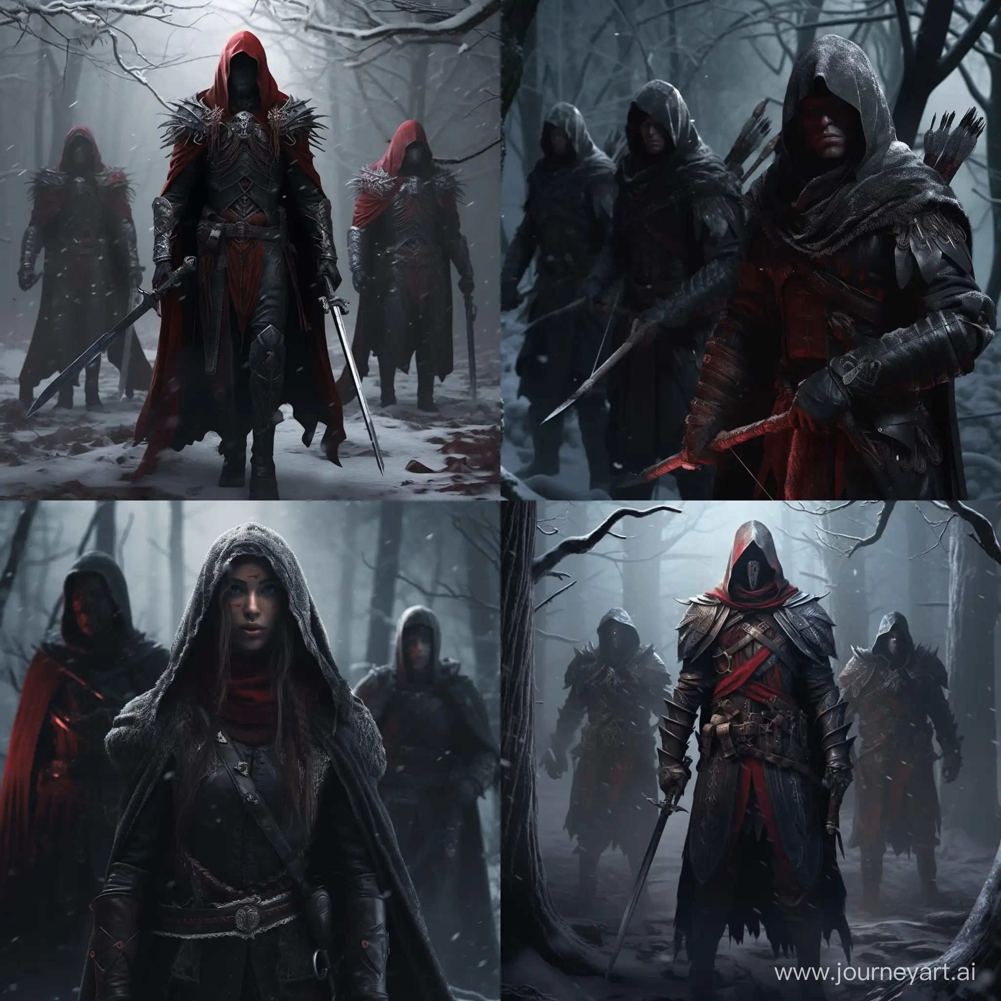 Best quality,4k, derailed, 3 bandits in snowy dark forest, he all in armor and red hood. He has medieval musket or sword. Fantasy.