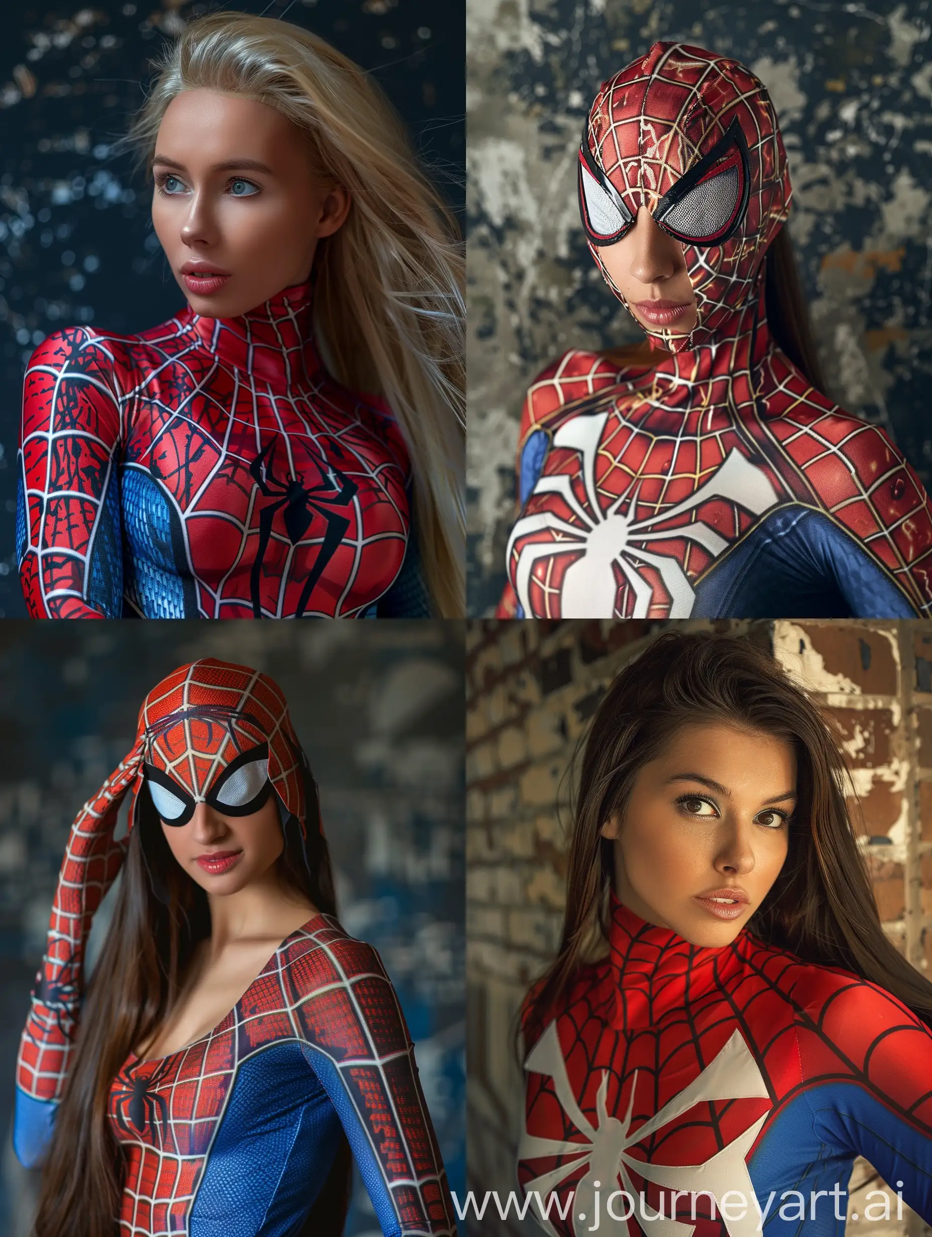 Seorang wanita cantik Amerika memakai kostum spiderman. Wanita itu berpose layaknya spiderman. Foto asli. Sangat detail. 