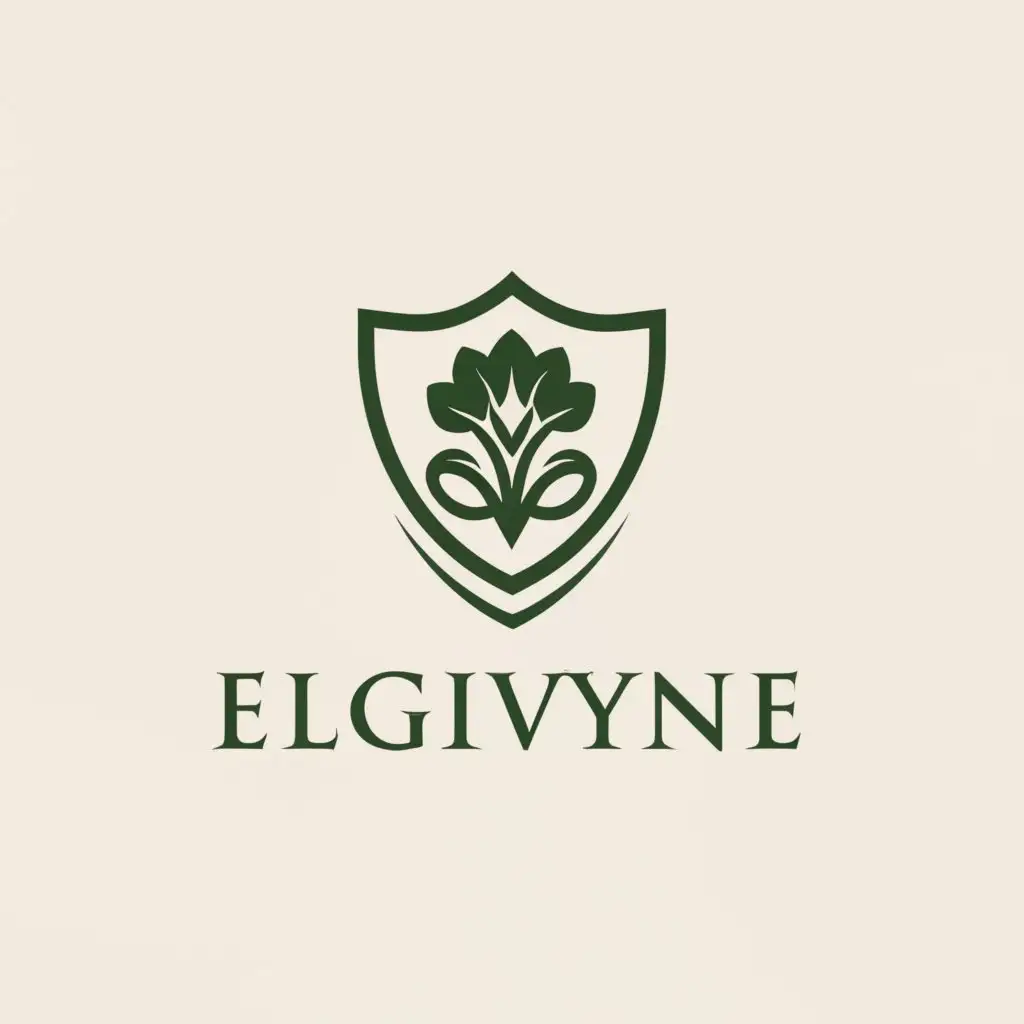 a logo design,with the text "ElegiVyne", main symbol:Begin by creating a shield or crest-shaped frame for the logo. This shape adds a sense of prestige, tradition, and strength to the design, reflecting the brand's sophistication and reliability. Within the shield or crest, depict a stylized representation of an ivy vine. Use flowing lines and curves to create an elegant and dynamic vine motif that symbolizes growth, vitality, and elegance. Choose a refined and graceful font for the brand name "ElegiVyne." The typography should complement the curves and lines of the ivy vine, conveying a sense of elegance, sophistication, and timeless beauty. ntegrate the ivy vine seamlessly with the typography, weaving it around or through the letters of the brand name. This integration creates a cohesive and visually appealing composition, where the elements work together harmoniously to convey the brand's identity. Select a color palette that evokes a sense of luxury and refinement. Consider using deep shades of green for the ivy vine to represent nature and growth, while incorporating metallic accents such as gold or silver for the shield or crest design to add a touch of elegance and prestige. Add intricate details and embellishments to enhance the overall aesthetic of the logo. Consider incorporating decorative flourishes, filigree patterns, or subtle textures to elevate the design and reinforce the brand's identity.,Minimalistic,clear background