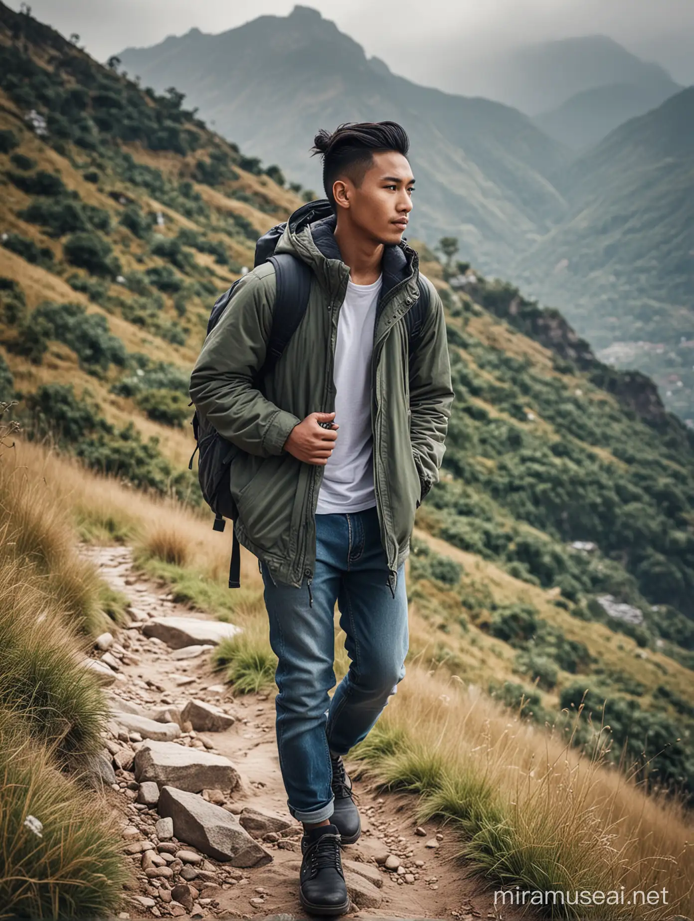 Fotografi pria indonesia umur 25 tahun,rambut undercut bun hair, baju kaos dan jaket parka, celana jean biru,sepatu kulit,membawa tas ransel yang besar, menuruni dataran curam, lokasi sebuah gunung yang indah 