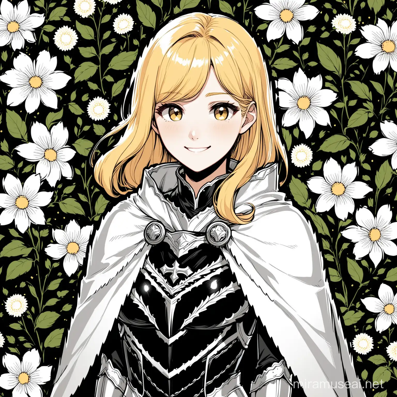 A smiling blonde woman wearing black and white light armor and cape against a background of black and white flowers and decor; Korean webtoon styel