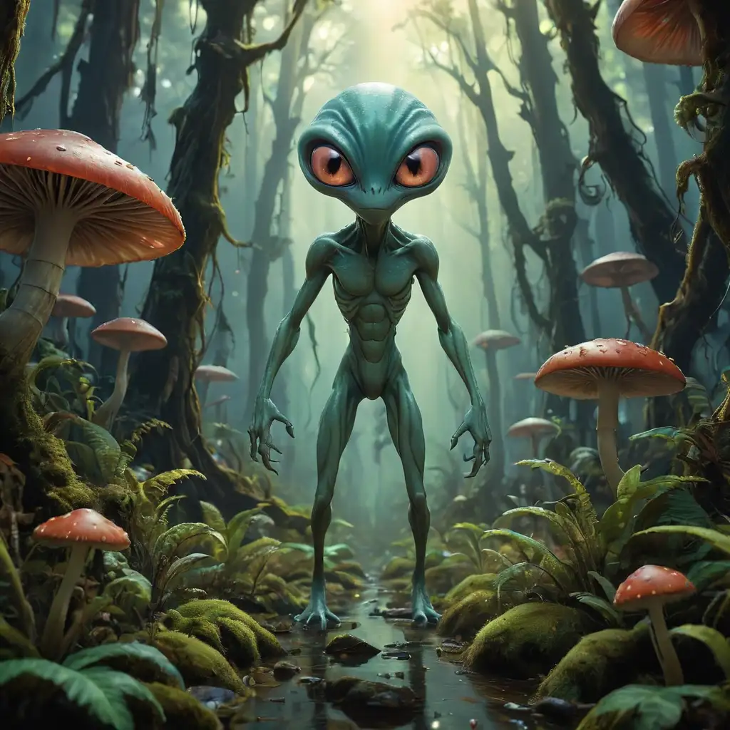 Exotic Alien Being in Surreal Space Forest