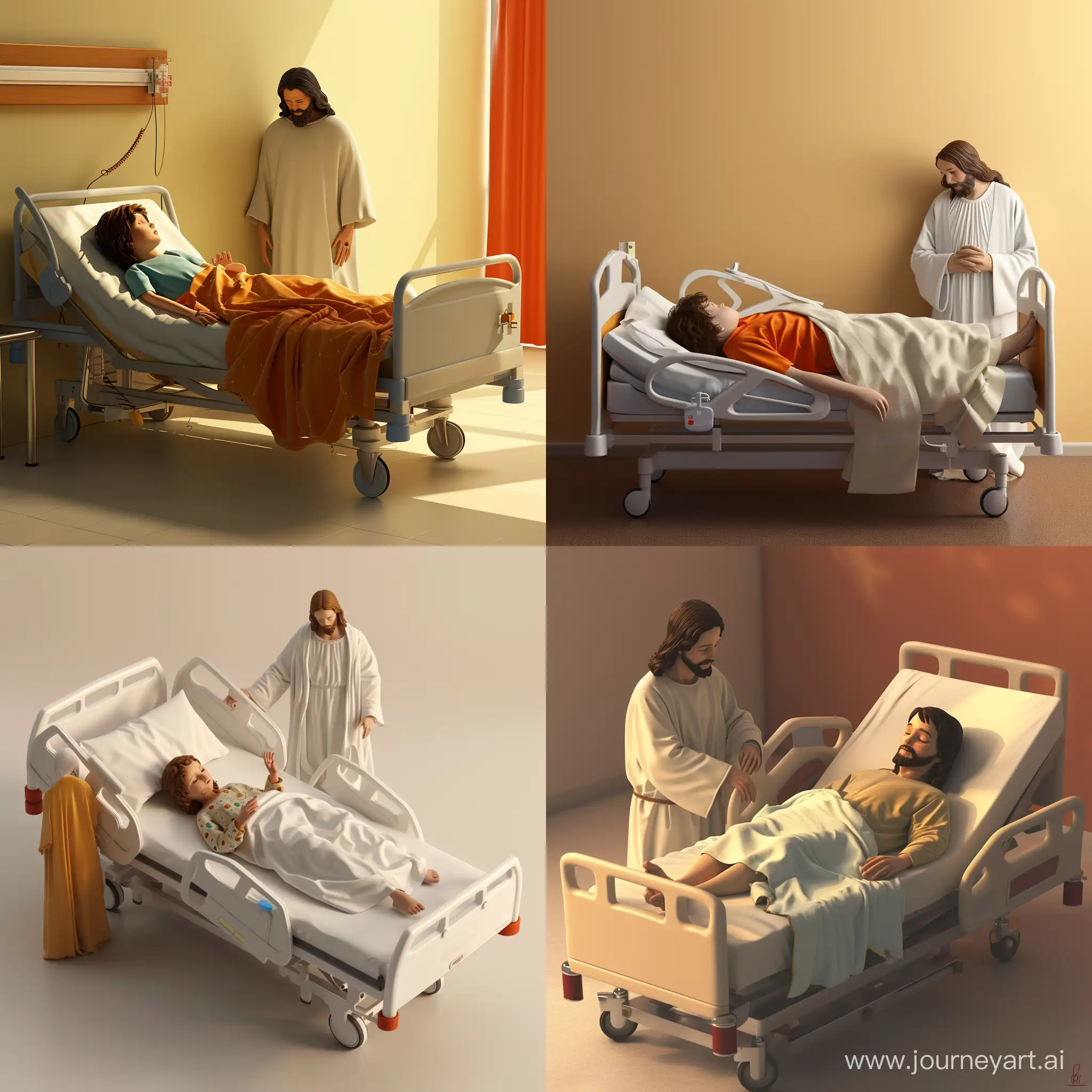 3D圖片 小孩子躺在病床上，耶穌在一邊默默守護，暖色調，周圍沒有人，全景
