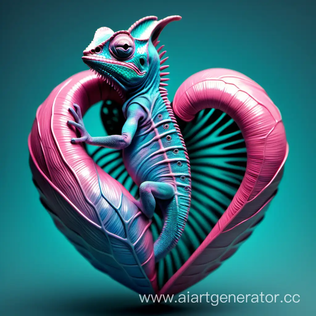 Circular chameleon shape shifting morphing into a human heart teal pink blue realistic 
