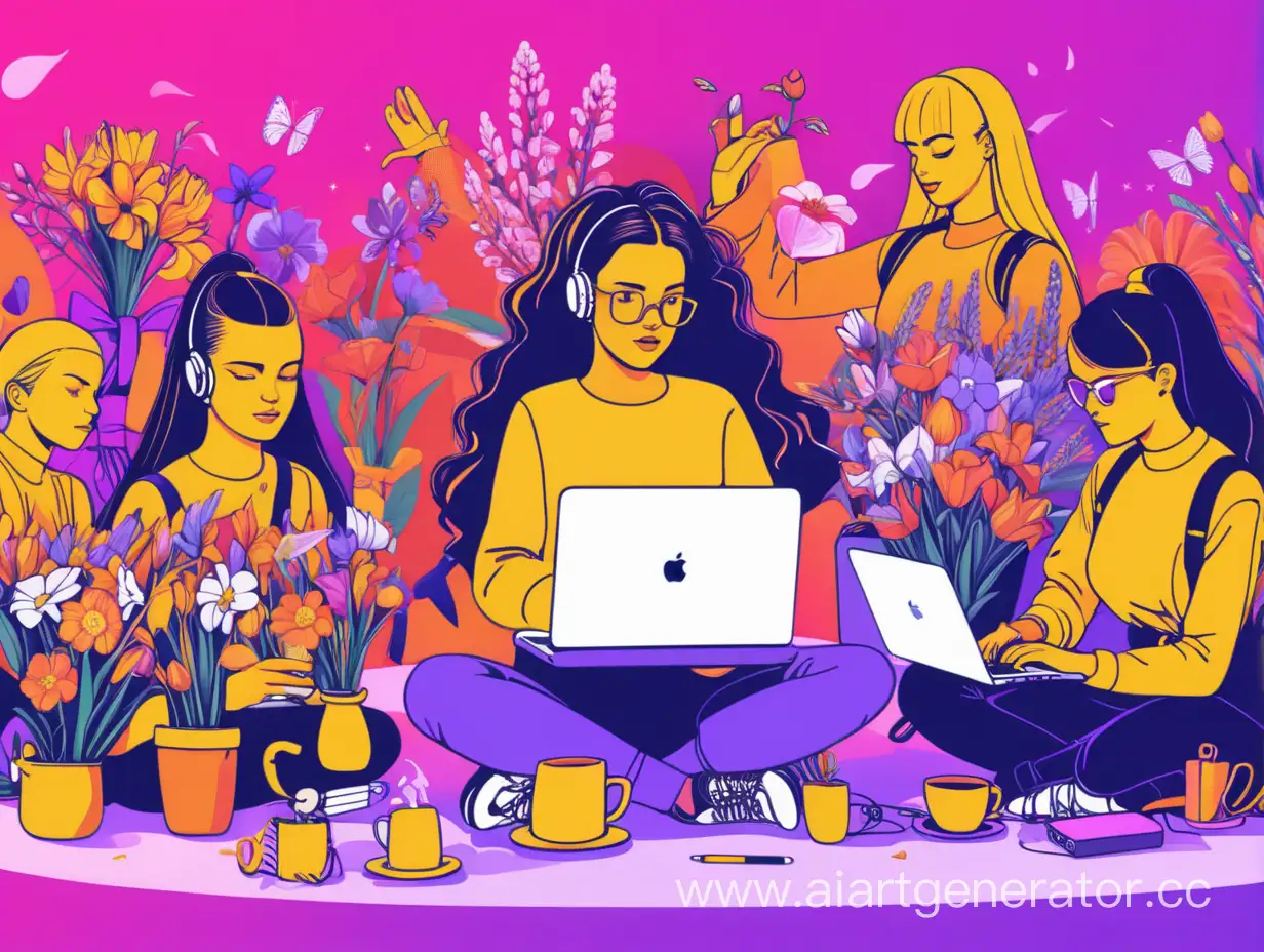 a lot of girls only girls software testers programmers from Yandex celebrate women's day 8 march spring flowers party laptops matrix cyberpunk