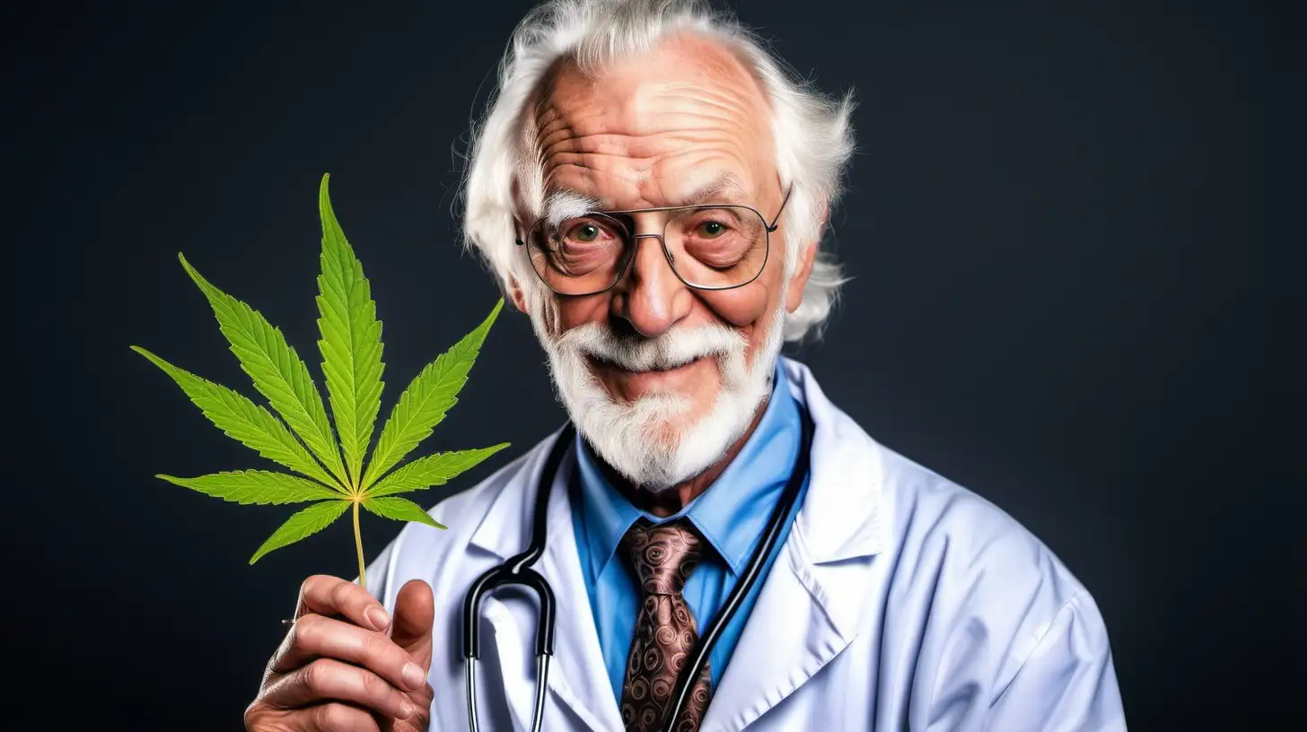 friendly old man marijuana doctor wearing a white coat with a stethoscope holding a marijuana leaf