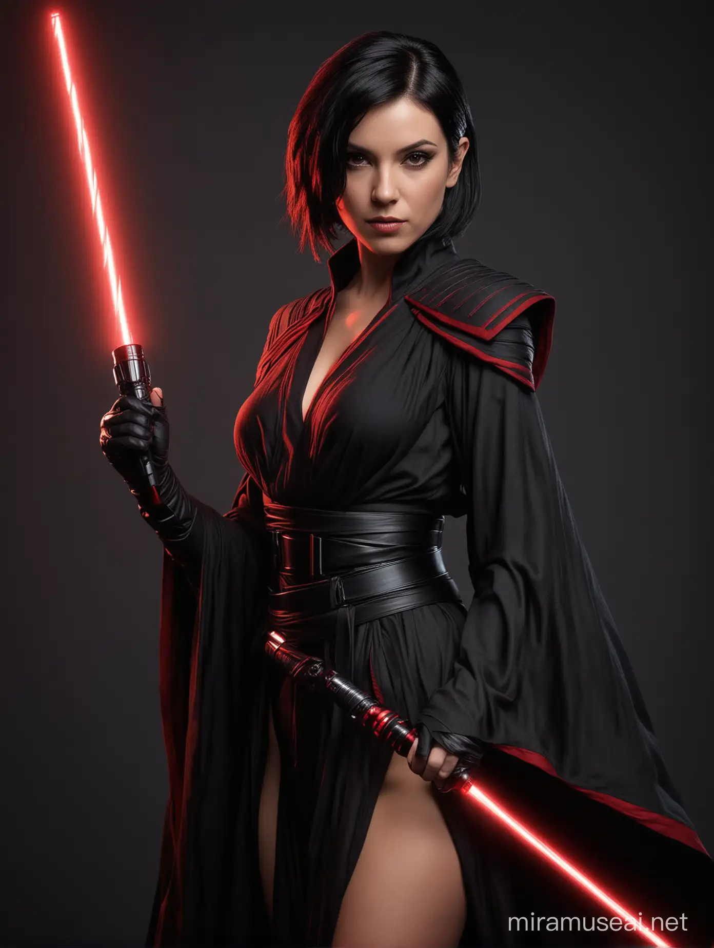 29yo sith lady, medium short black hair, black sith robe, holding a red lightsaber 