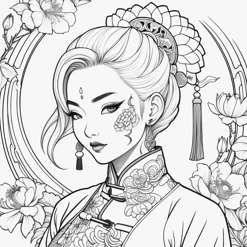 Coloring book image. Black and white. Outline only. Highly detailed. Clean and clear outlines that allow for easy coloring. Ensure the design provides ample space for creativity and coloring. Fantasy Chinese woman with white hair with qipao and face tattoo.