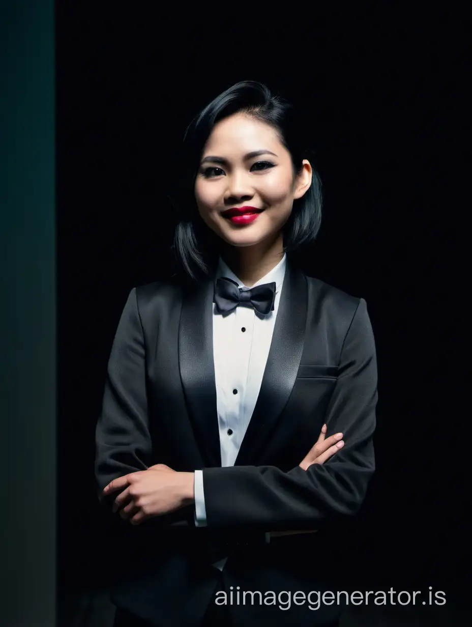 A Vietnames woman is wearing a tuxedo.  She is standing in a dark room.  her jacket is open.  She is smiling.  She is wearing lipstick.  She has shoulder length black hair.  She is crossing her arms.