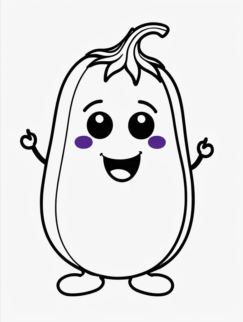 coloring book, cartoon drawing, clean black and white, single line, white background, cute eggplant, emojis
