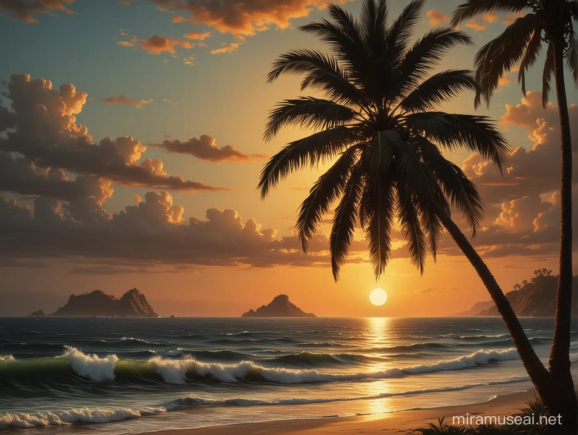 Tranquil Sunset on a Pacific Island CaravaggioInspired Seascape with Palm Tree