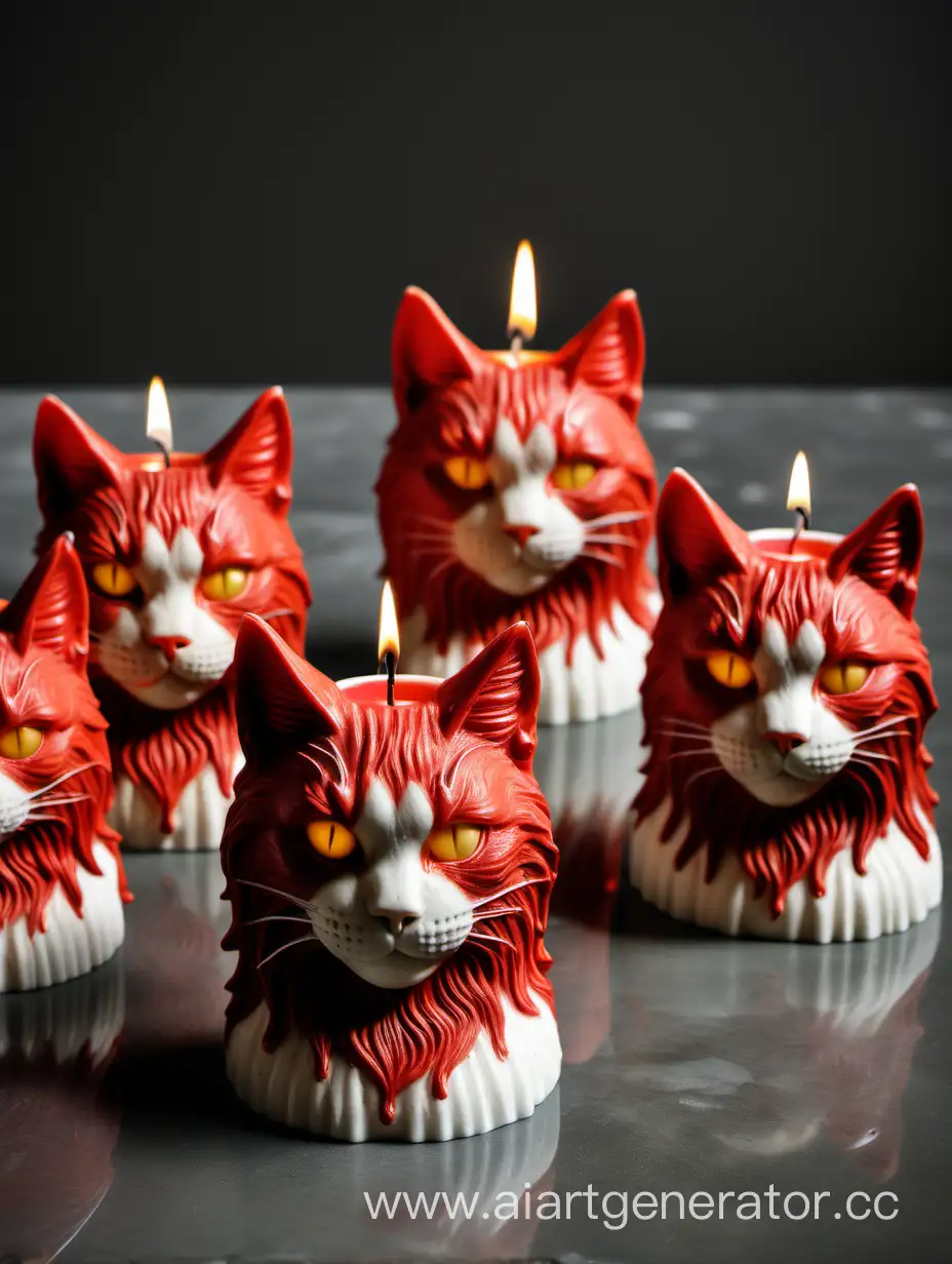 Красивые домашние свечи, в стаканчиках из гипса с формой головы рыжего кота мейн-куна
