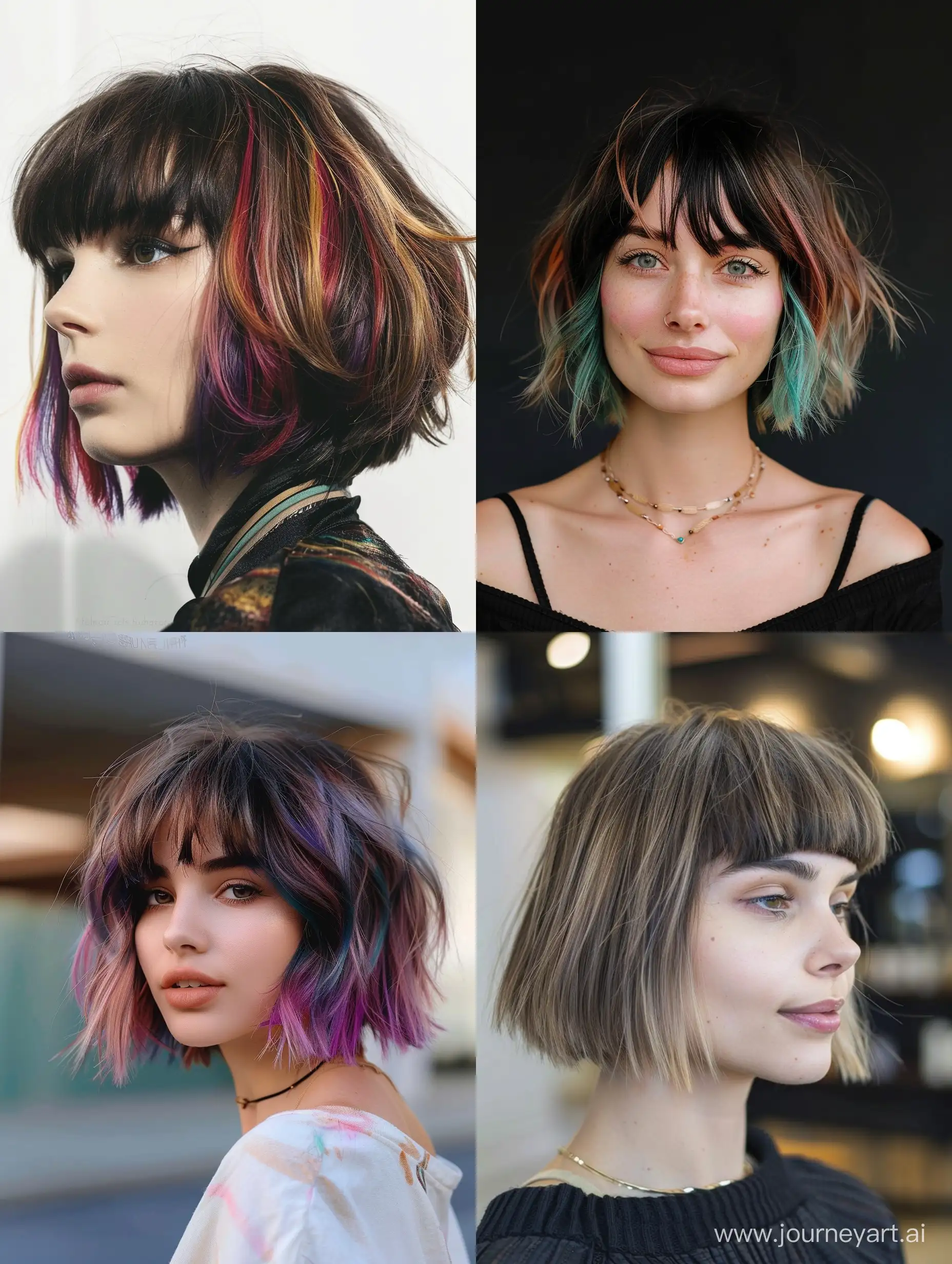 trendy short bob hairstyles with bangs layered with color for women 2024