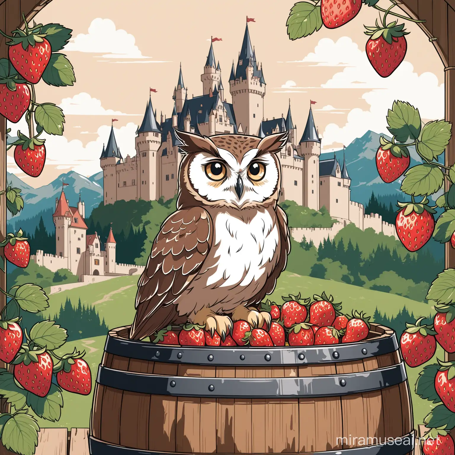 Owl Perched on Whiskey Barrel Near Castle with Strawberry Baskets