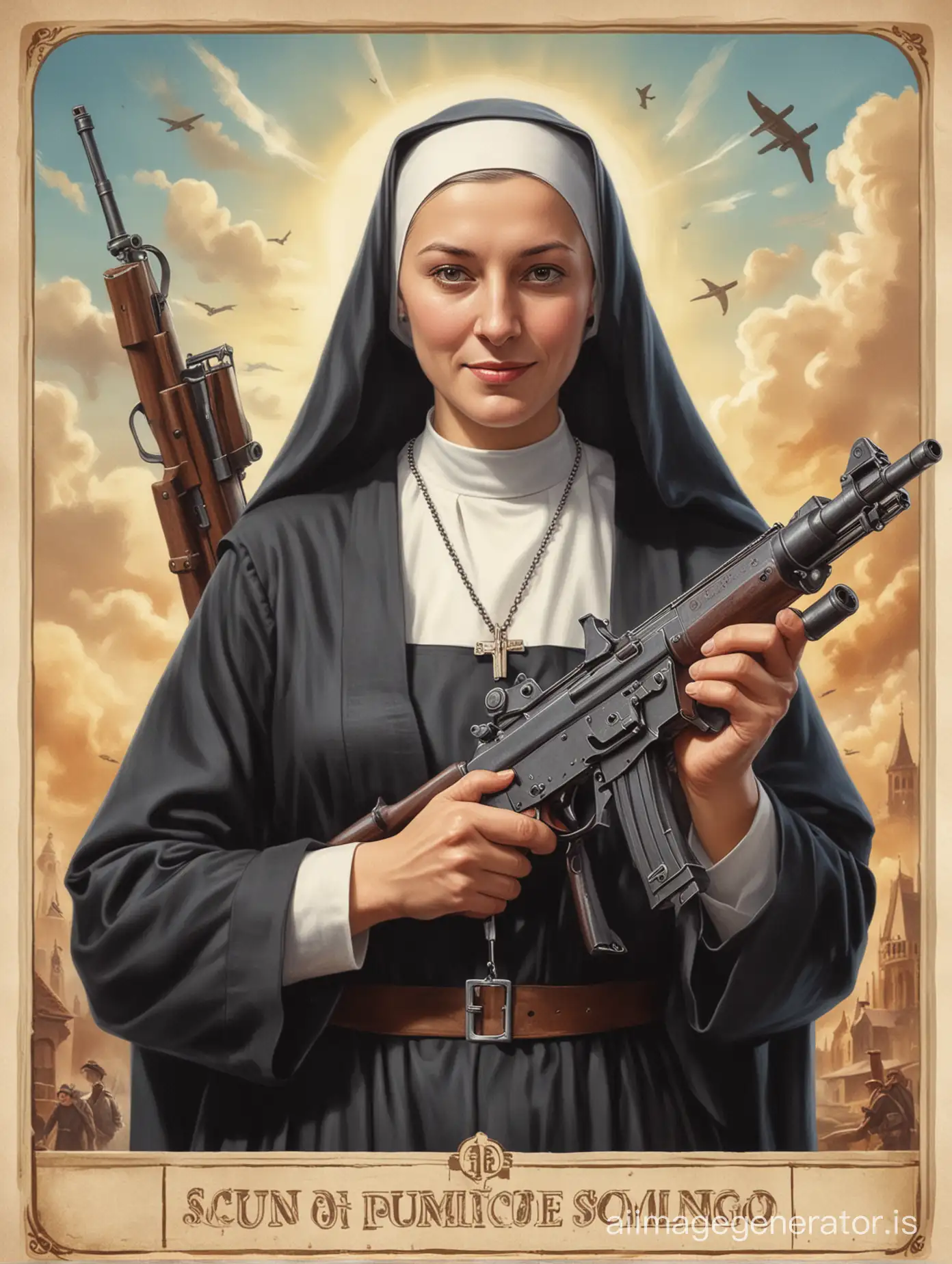 create a board game card depicting a nun holding a submachine gun in 1940