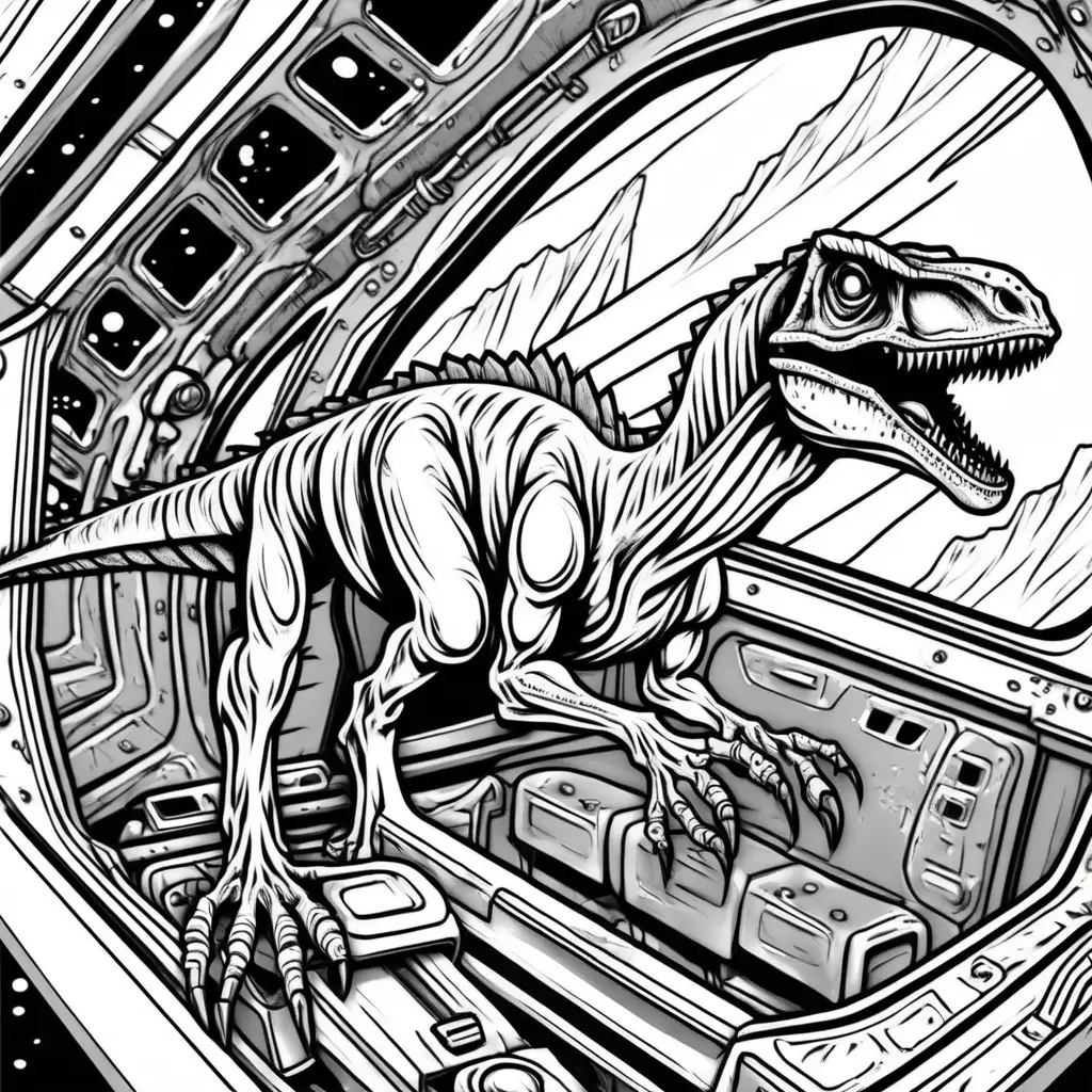 zombie velociraptor dinosaurs on spaceship, dark lines, no shading, coloring pages for children
