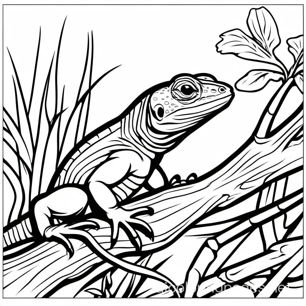 Lizard, Coloring Page, black and white, line art, white background, Simplicity, Ample White Space. The background of the coloring page is plain white to make it easy for young children to color within the lines. The outlines of all the subjects are easy to distinguish, making it simple for kids to color without too much difficulty