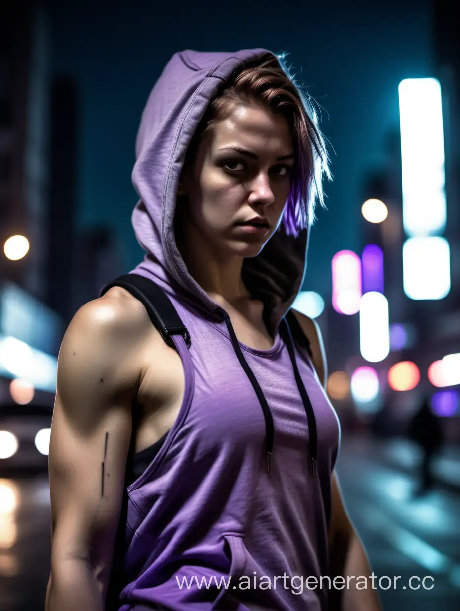 Dystopian future fashion, cyberpunk, young adult white woman, thick muscular athletic body, short light brown hair with faded purple tips, walking through night city, grey tank top with open sleeveless hoodie, bare arms, innocent expression, cinematic shot