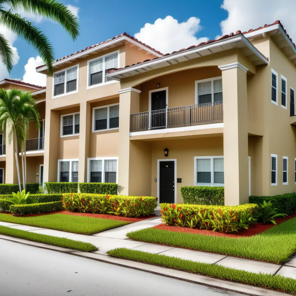 South Florida four-unit two-level apartment building with nice landscaping, street view, fine detail.