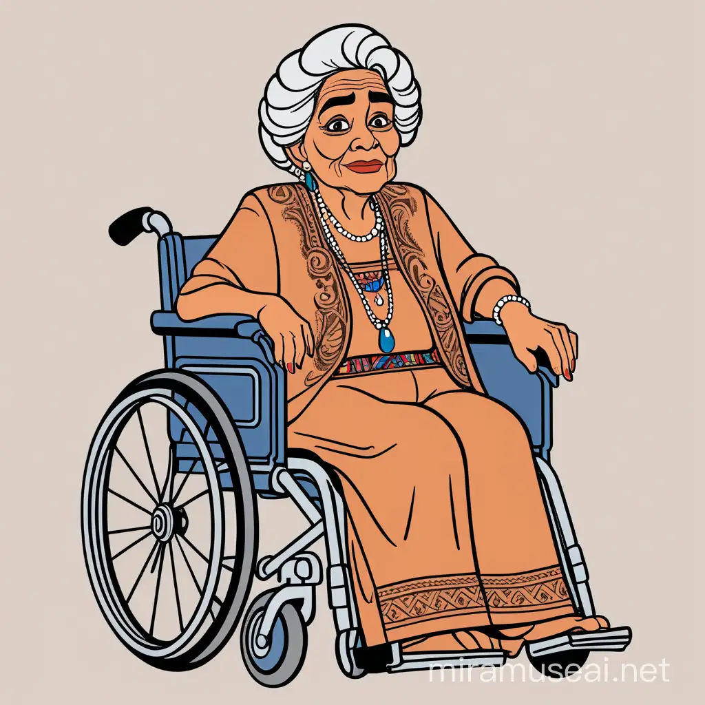 coco rivera from disney, real life mama coco, old mexican lady in wheelchair, full body, minimalist, color vector art, colored illustration with a black outline
