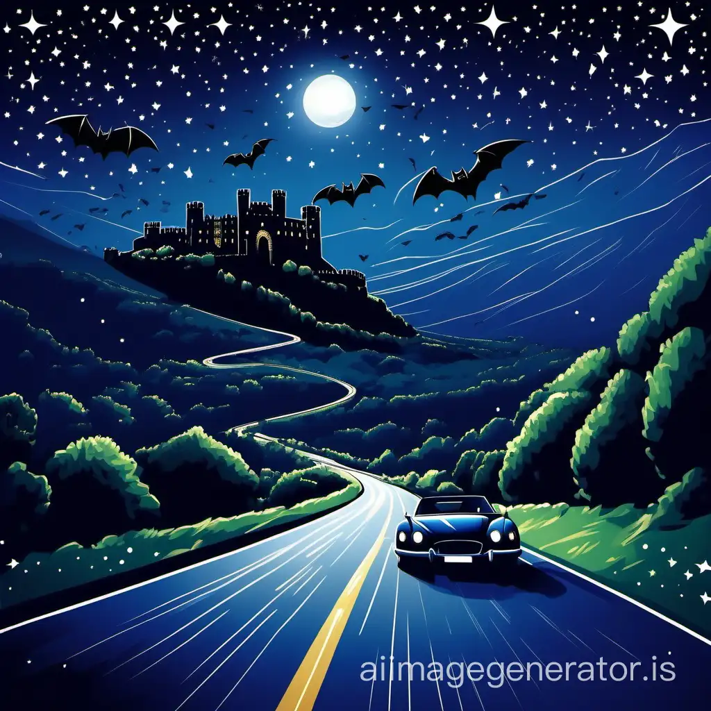 road leeds to the castle in the mountains, fast car moving towards the castle, dark-blue colors, stars and moon on the sky, bats, diagonal composition