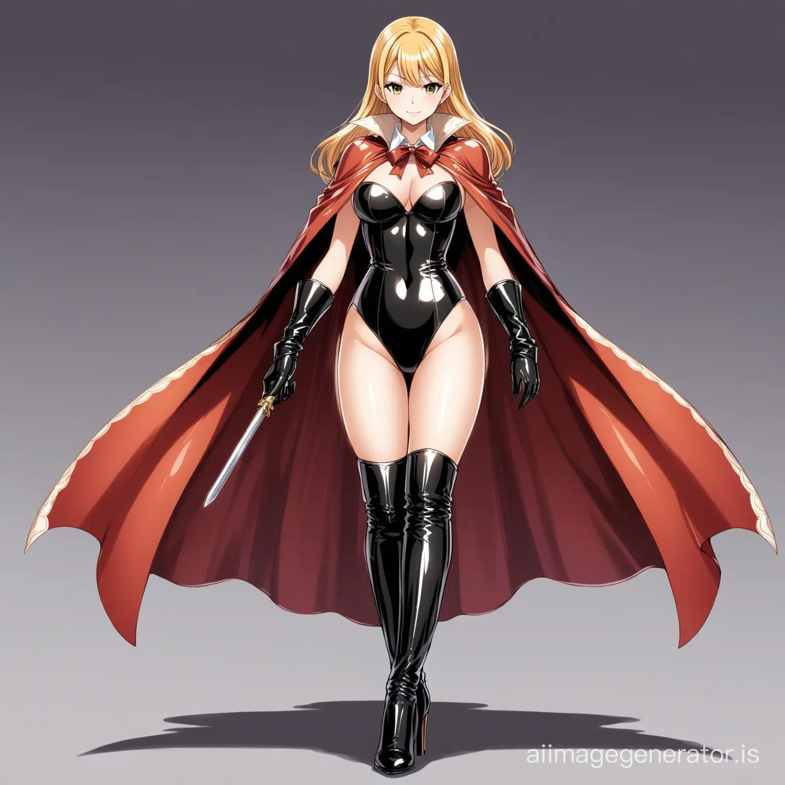 hot anime girl in an attractive princess one piece dress wearing a pair of long leather gloves, a pair of long leather boot heels and a collared cape