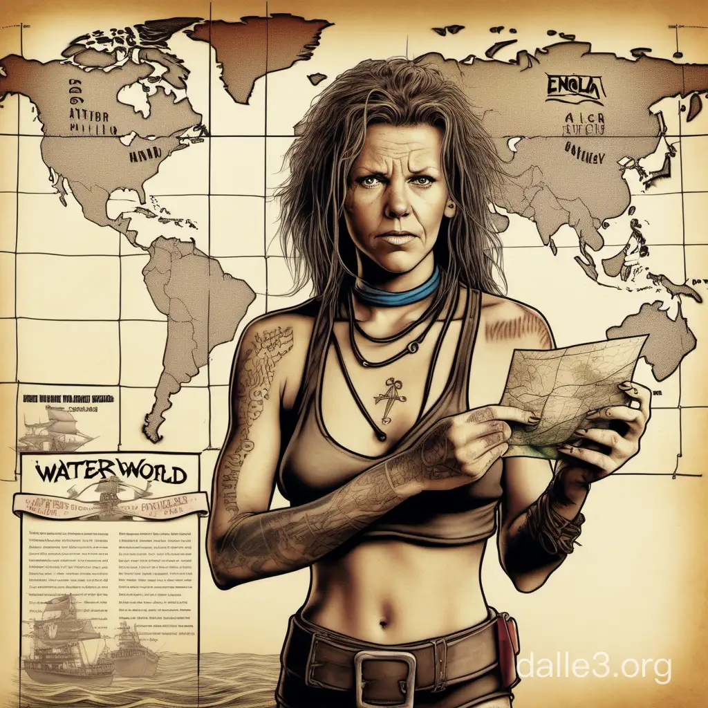 Enola from Waterworld gets her hair caresed and her tattoo in the back with the map to dryland traced by the hands of the smokers